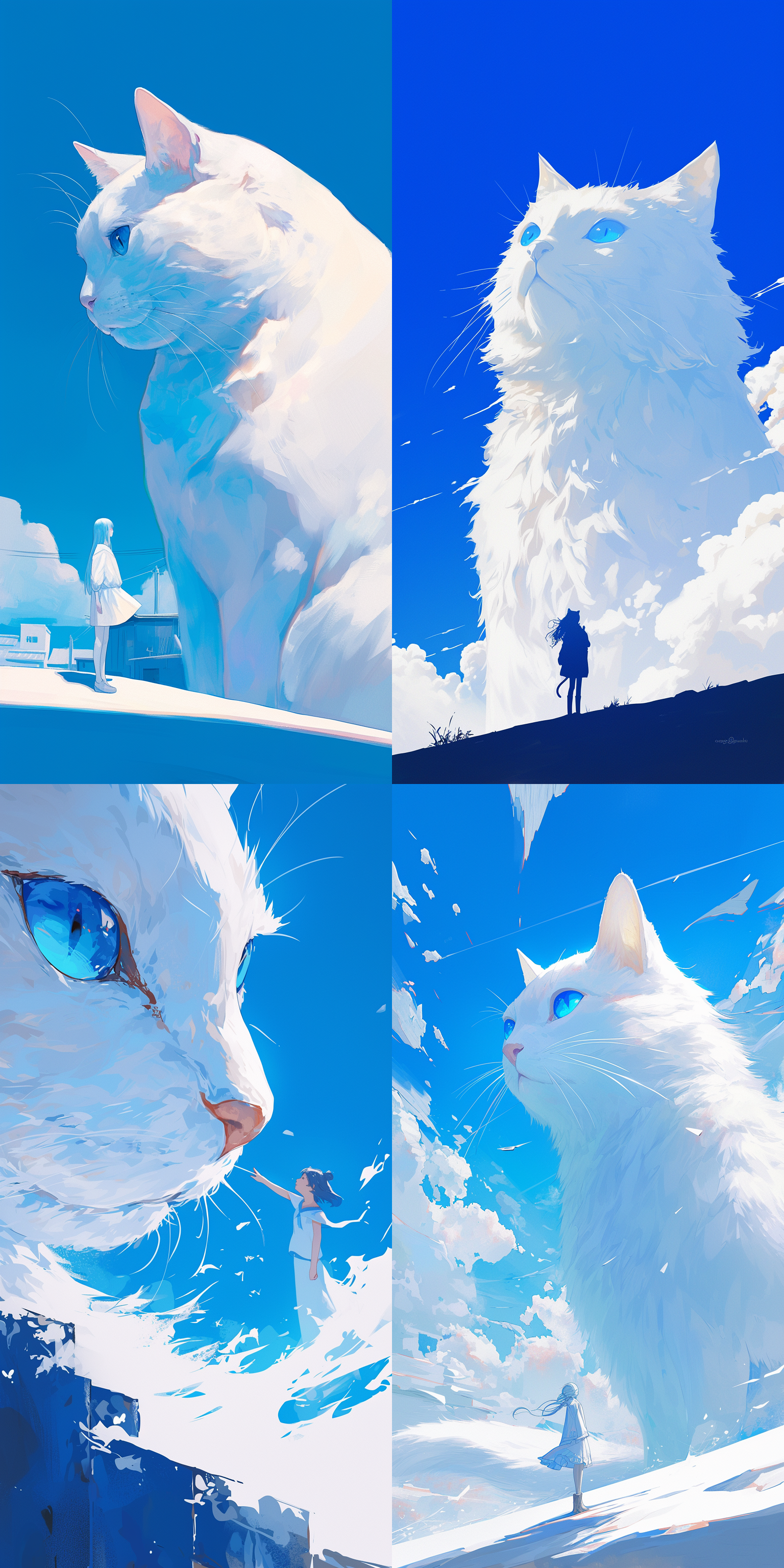 giant white cat and girl, blue eyes, blue sky, illustration style, blue tone, minimalist background, klein blue,ultra hd,8k