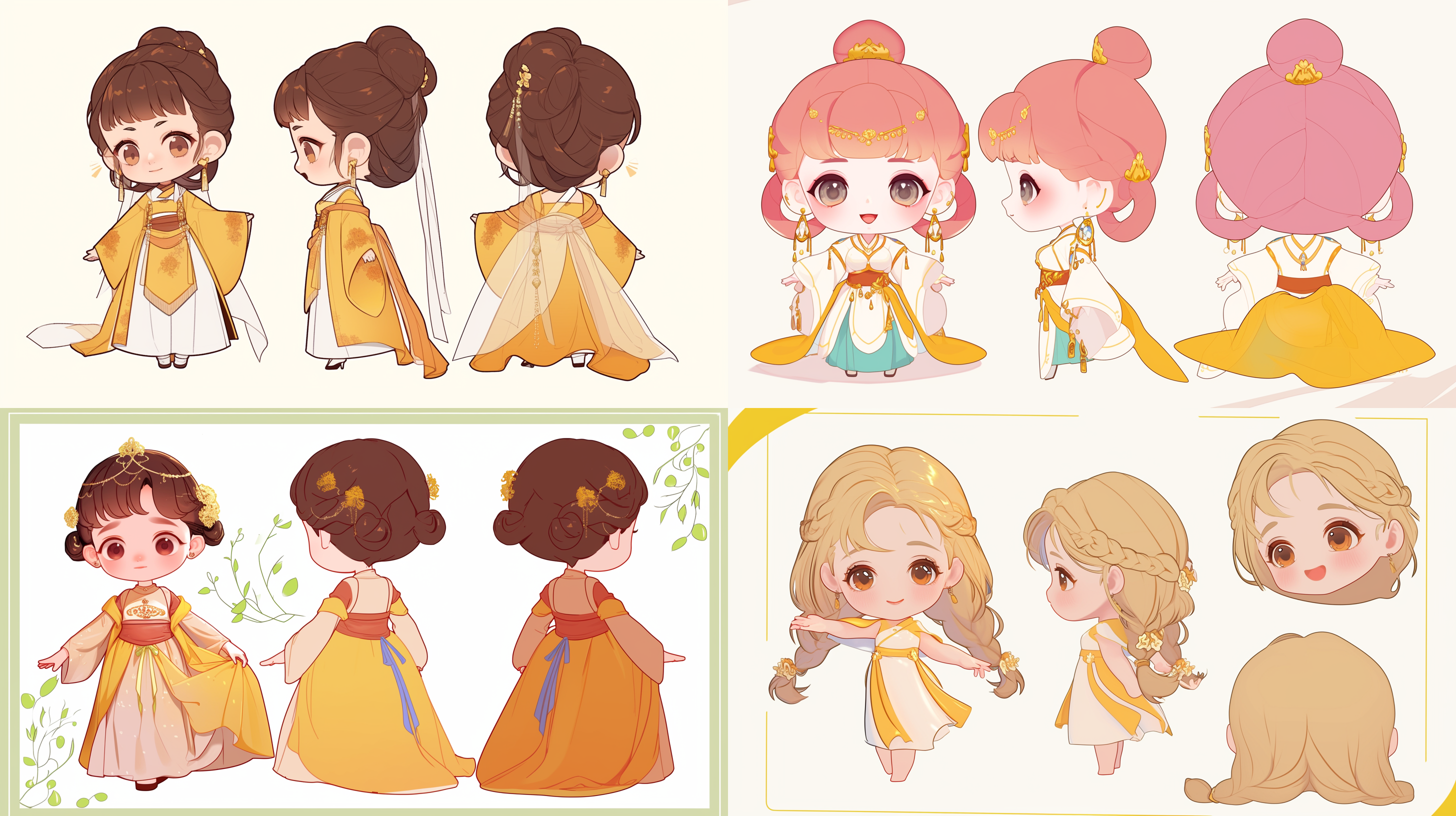 三视图，正视图，侧视图，背视图，q版，三头身，可爱，古风小女孩，花朵，糕点full body, enerate three views, namely the front view the side view abd the back view, super cute girl ip by pop mark, colorful, plastict ransparent, soft lighting, glowing body,mockup, blind box toy,fine luster,clean background, 3d render, oc render, best quality 4k, ultra detailed, crazy details