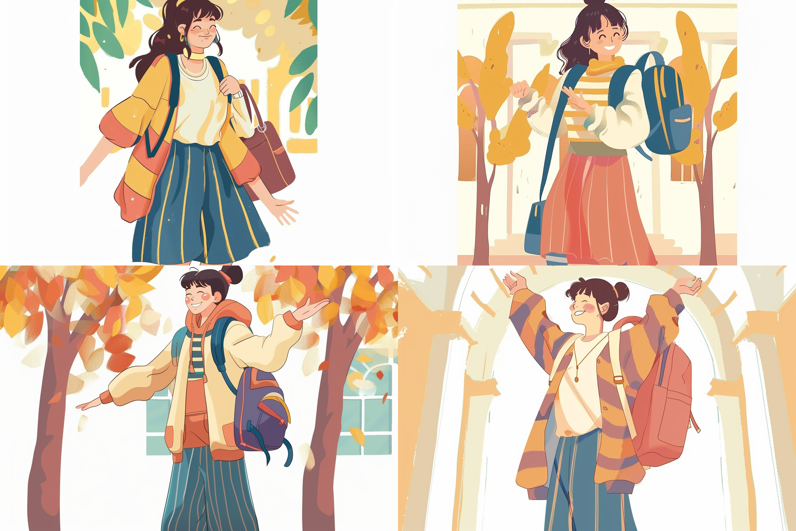 大学生插画，扁平风格，色彩丰富，校园背景，笑容满面，伸展手臂，素描笔触，矢量图形，明亮光线，活力四射，青春气息。