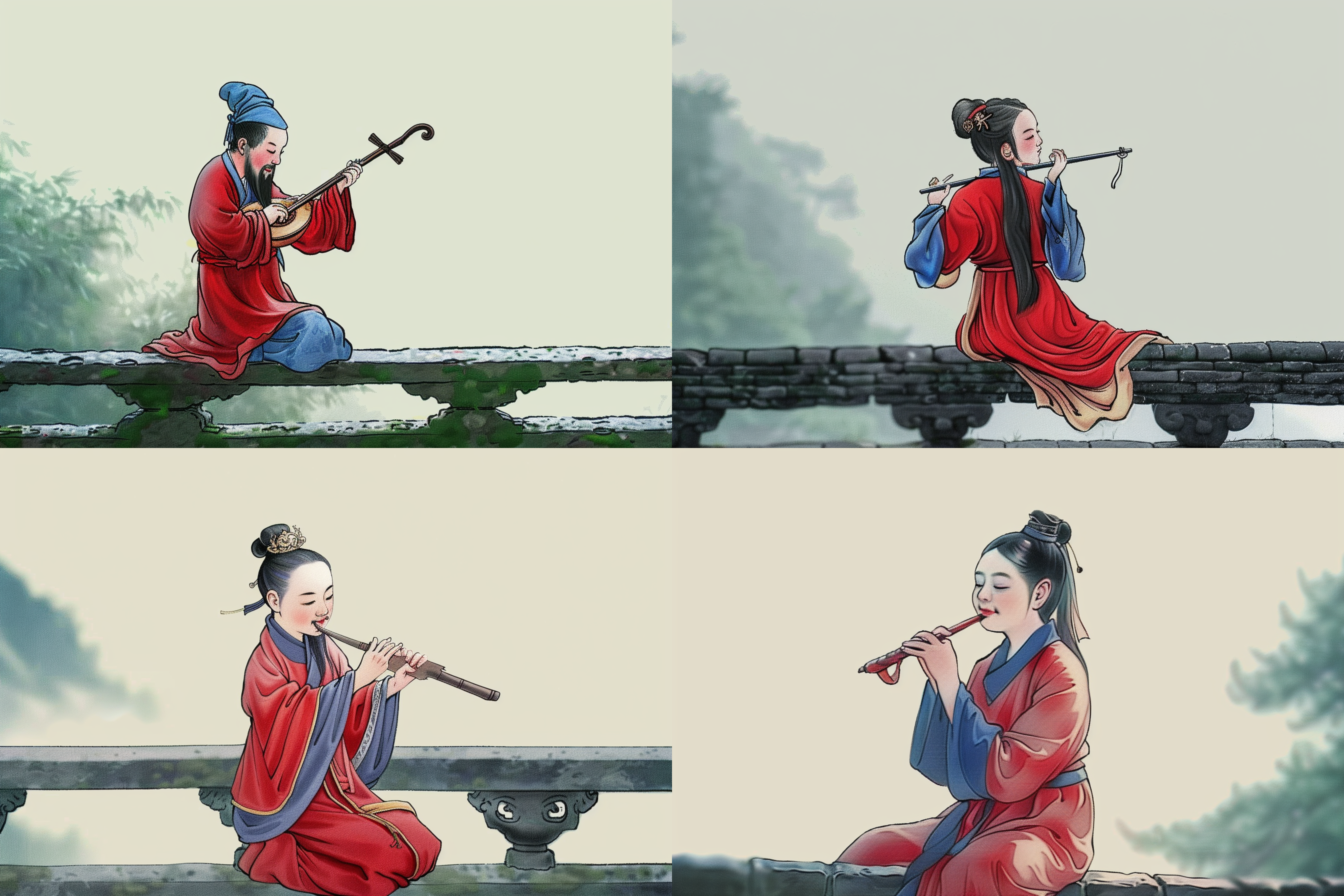 小诗人，端坐在青石桥上，身穿红色衣袍，手持古琴，微笑着望向远方。周围是一片宁静的山水景色，碧绿的树林和流淌的溪水。照片呈现出明亮的色调和轻柔的画面风格，给人一种宁静和温暖的感觉。古人，青石桥，红色衣袍，微笑，古琴，山水，明亮色调，轻柔风格，宁静，温暖。 漫画 干净背景