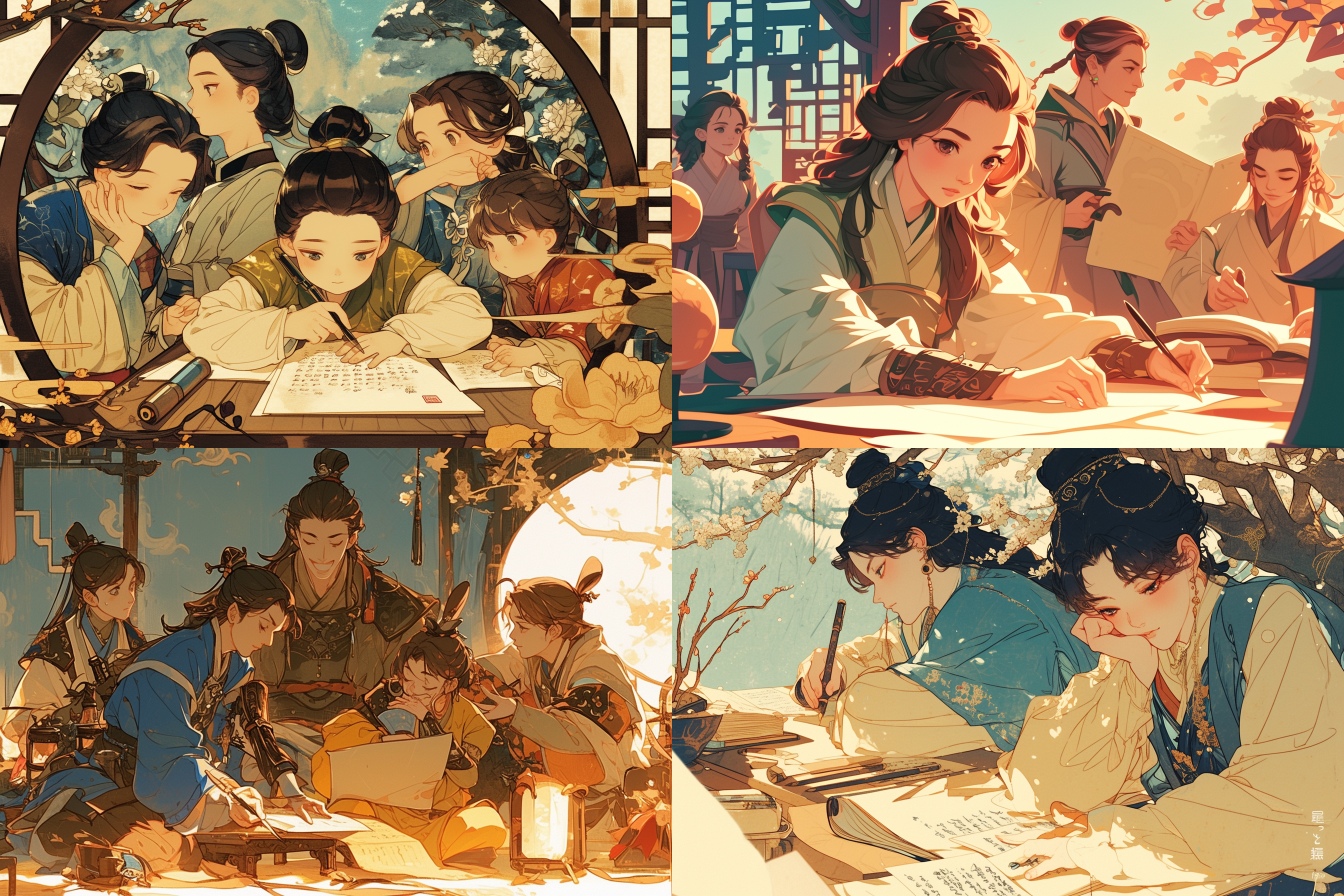q版古人，小诗人在写诗，挠头 古风插画，q版风格，山水背景，古代服饰，挠头动作，暖色调，细节丰富，慢门拍摄，专注，想象。 漫画 干净背景
