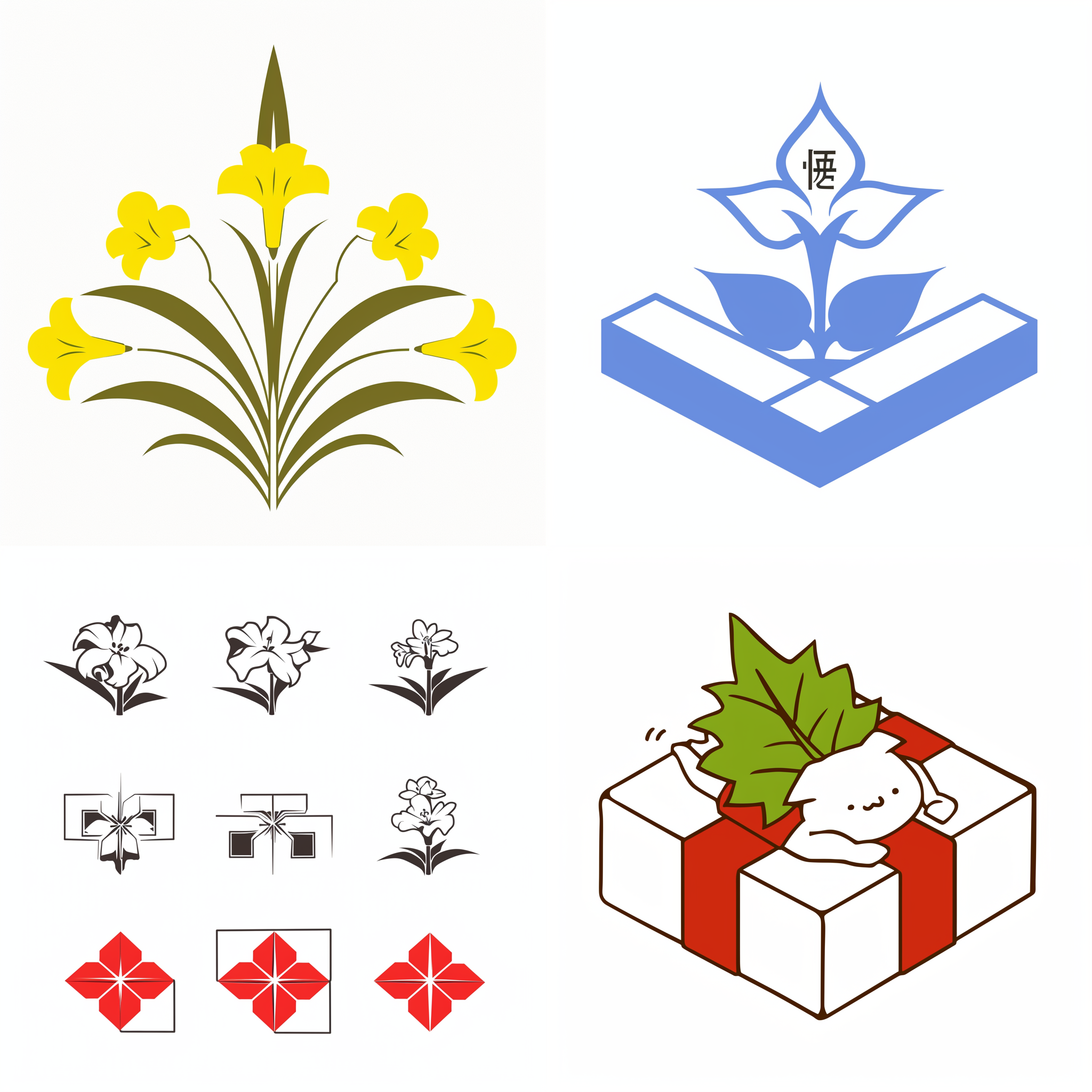 漳字，纯白背景，简约清新logo设计，礼物盒形状，水仙花，土楼元素，简洁风格，纯净色调，线条简单，现代感。 标志 图标集设计 标志设计