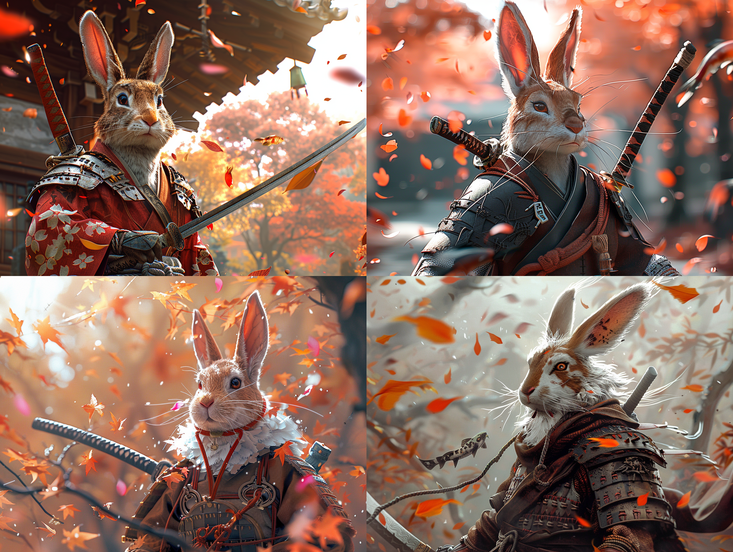 敏捷野兔与武士决斗，樱花园，专注决心，剑术技巧，粉色花瓣，锦鲤游泳，温暖灯光，优雅行动，3d模拟，日本风格，动作对决，高清晰度，优美色彩，决斗氛围。
