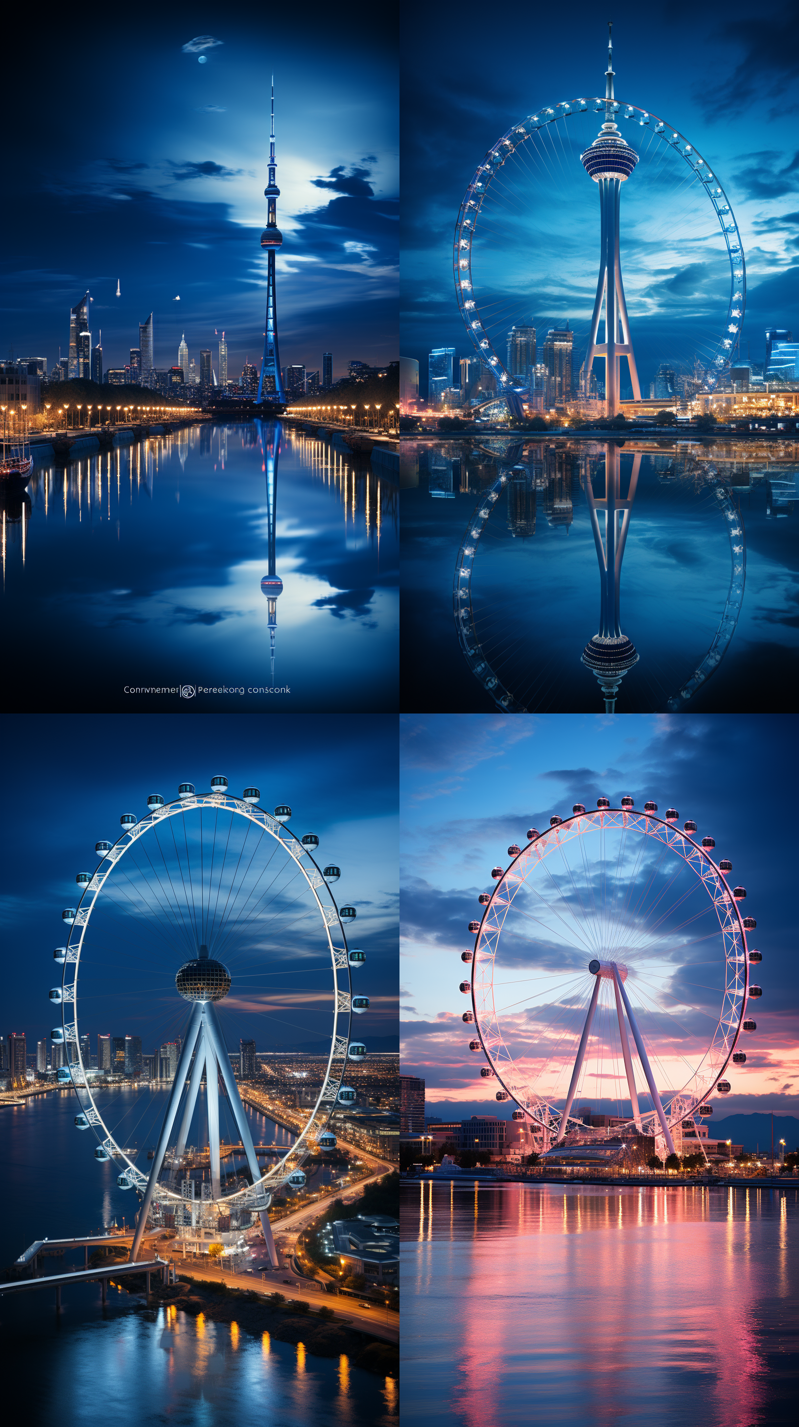 天津夜景，海河畔摩天轮，璀璨灯光，城市风光，现代建筑，蓝调色调，远景，宽幅画面，慢门拍摄，流光溢彩，浪漫氛围。