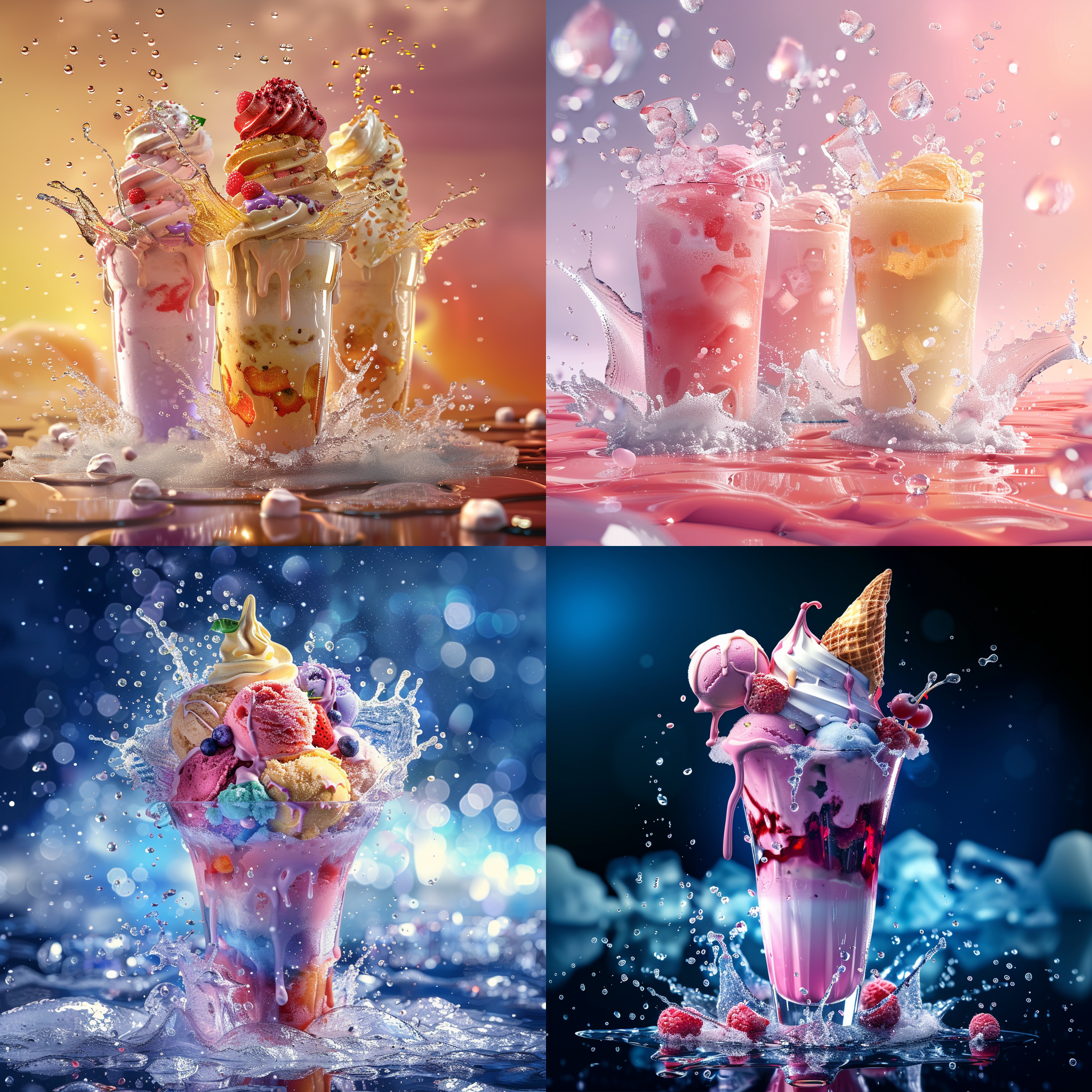 wahaha饮料产品效果图，动感冰霜，炫酷氛围，多种口味展示，清爽冷色调，高对比度，正面布局，微距镜头，透明玻璃杯，冰块飞溅，水珠滴落，清新活力。