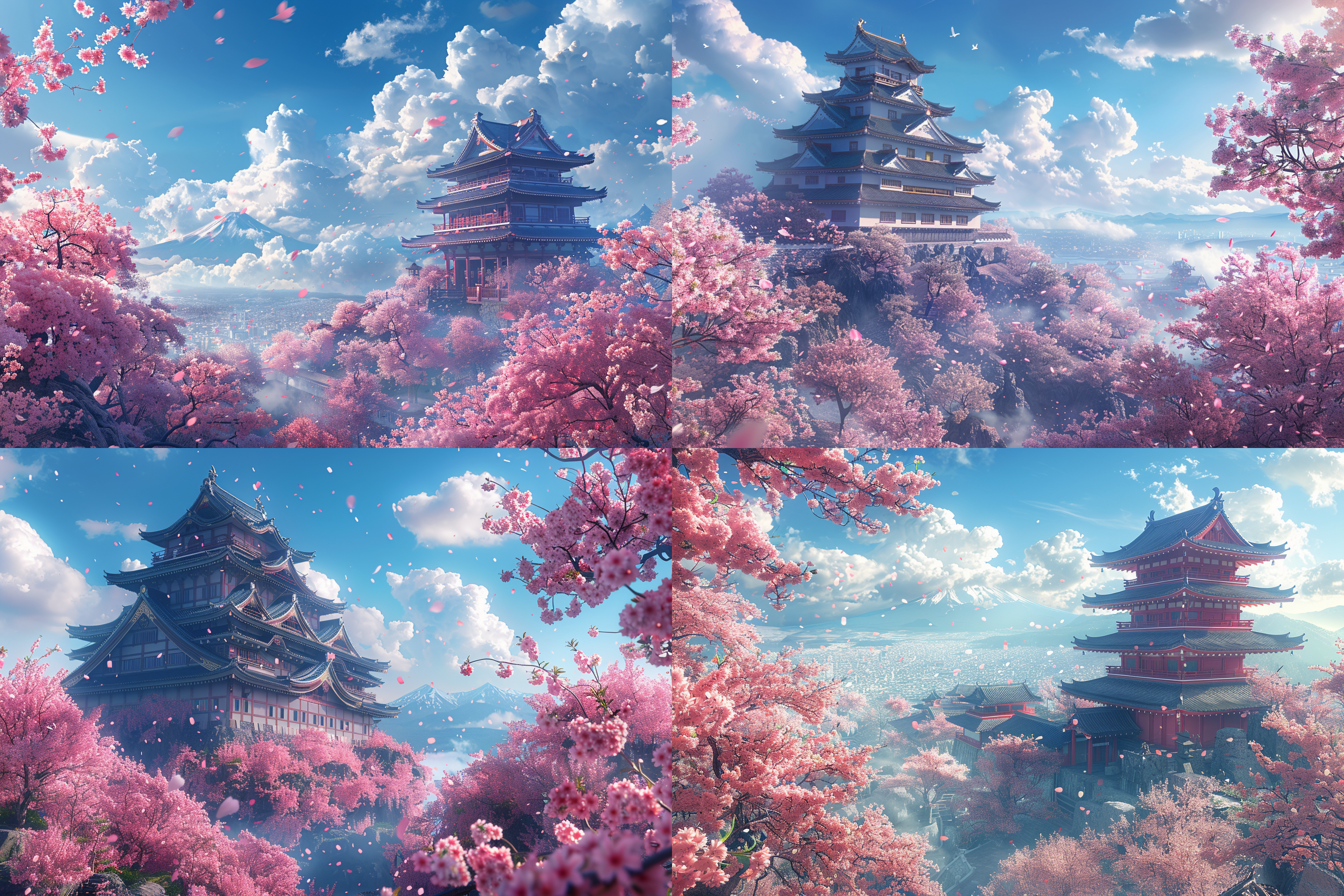 一座日式城堡，前景是环绕的樱花树，背景是蓝天白云，实景，照片，高质量，多细节，高清