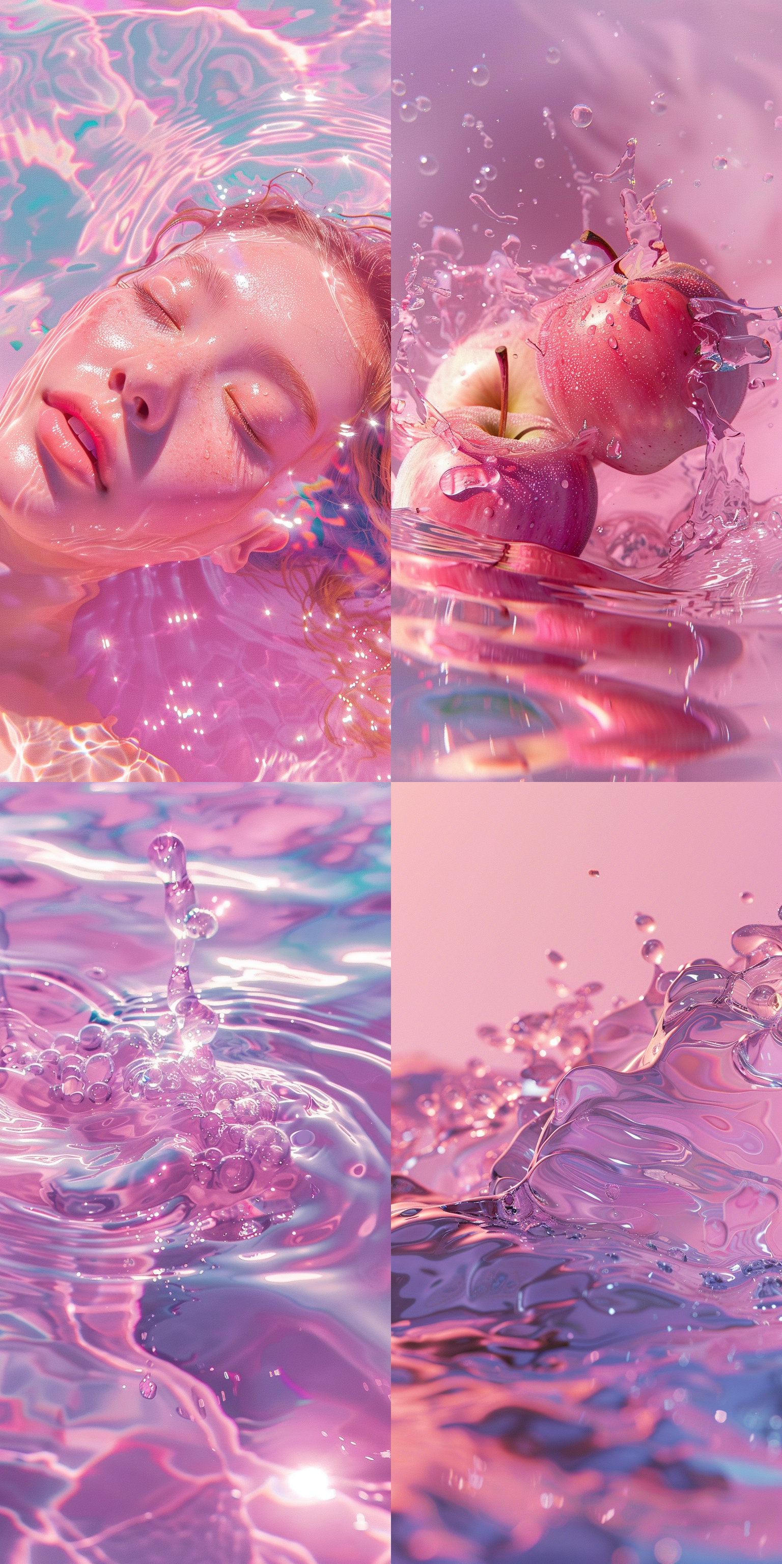 apple wallpaper pink 775 hd, in the style of ren hang, hyper-realistic water, anime aesthetic, photorealistic scenes, resin, light violet, larme kei