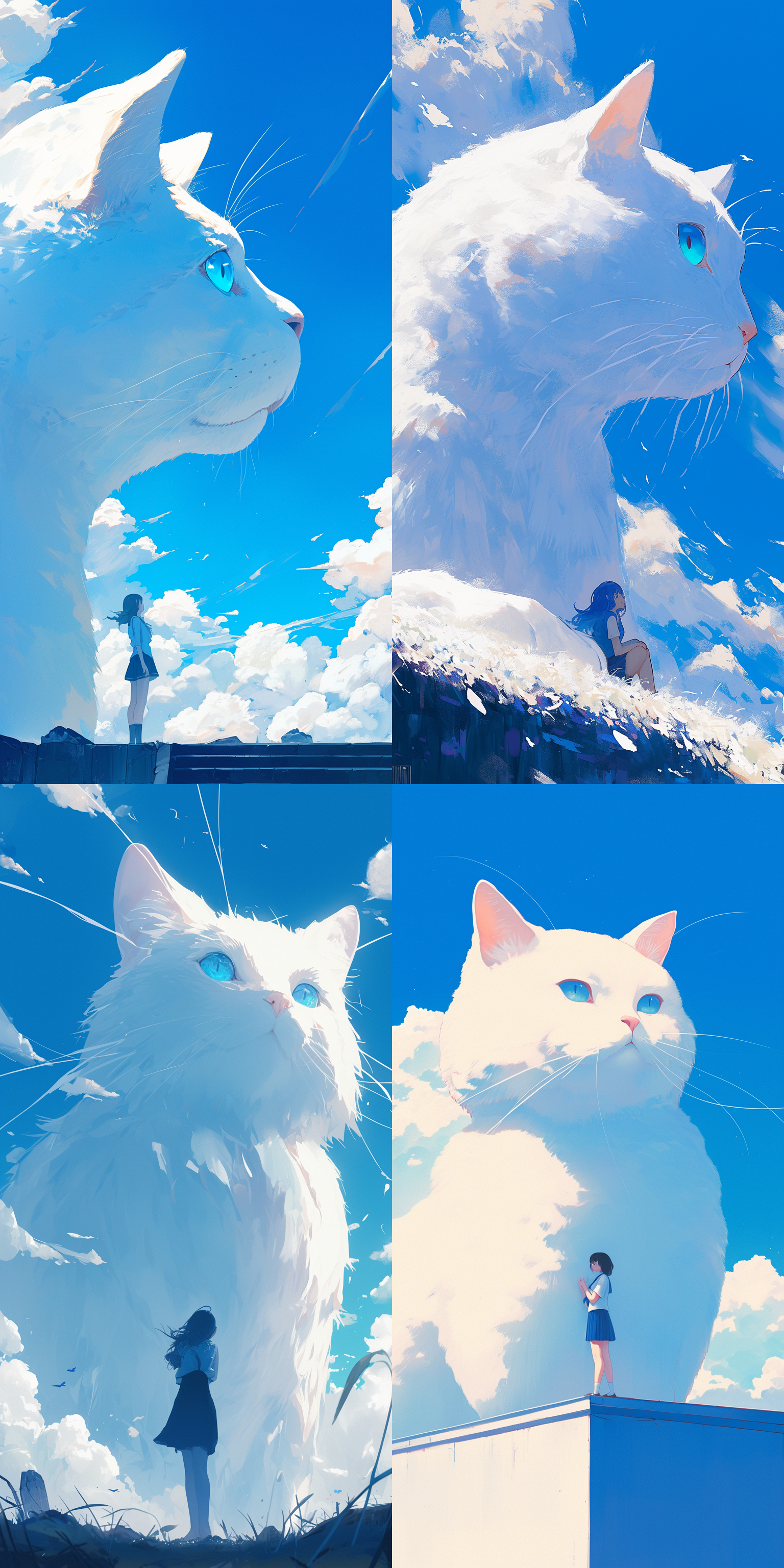 giant white cat and girl,that girl leaned against the cat, blue eyes, blue sky, illustration style, blue tone, minimalist background, klein blue,ultra hd,8k