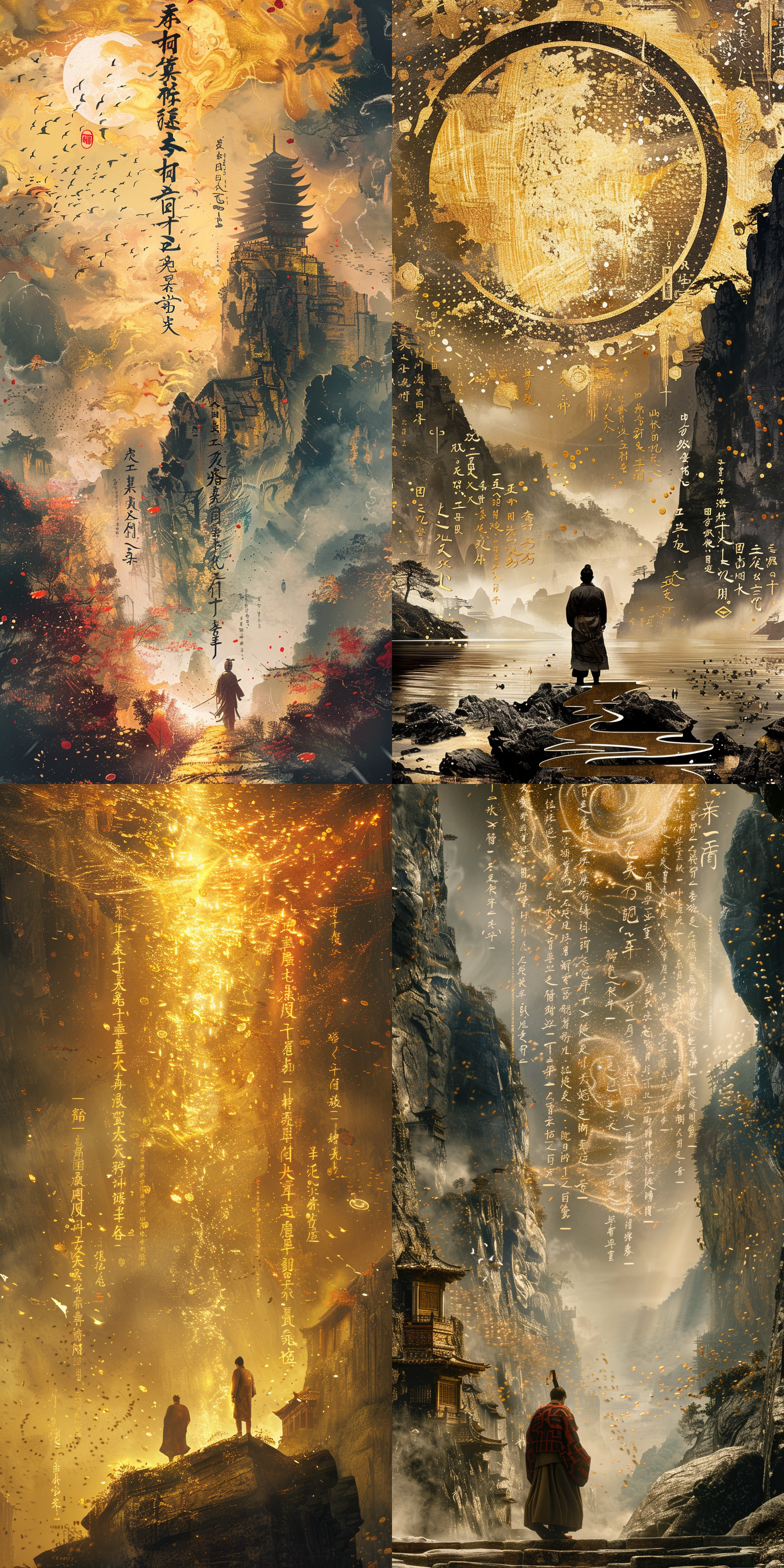 古人站在山上写书法，周围许多汉字，书法场景，微型汉字，一个伟大的诗歌书法场景，中国史诗，唐代书法，金碧山水画，墨水画，汉字漂浮在空中，夸张的构图，漩涡，惊人的光影，创造性和夸张的风格，8k