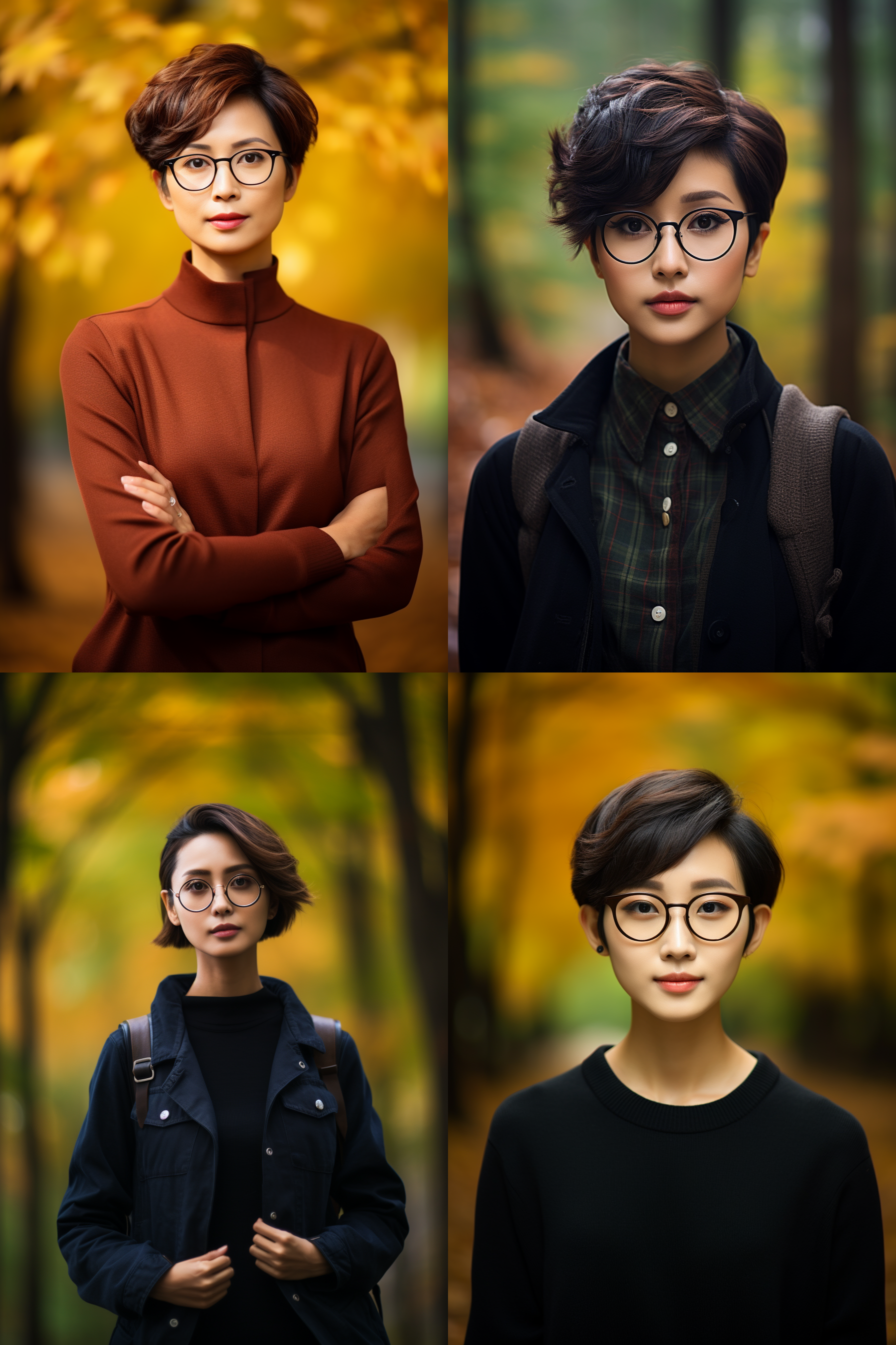 中国美女摄影人像，戴眼镜，短发，可爱，枫林背景