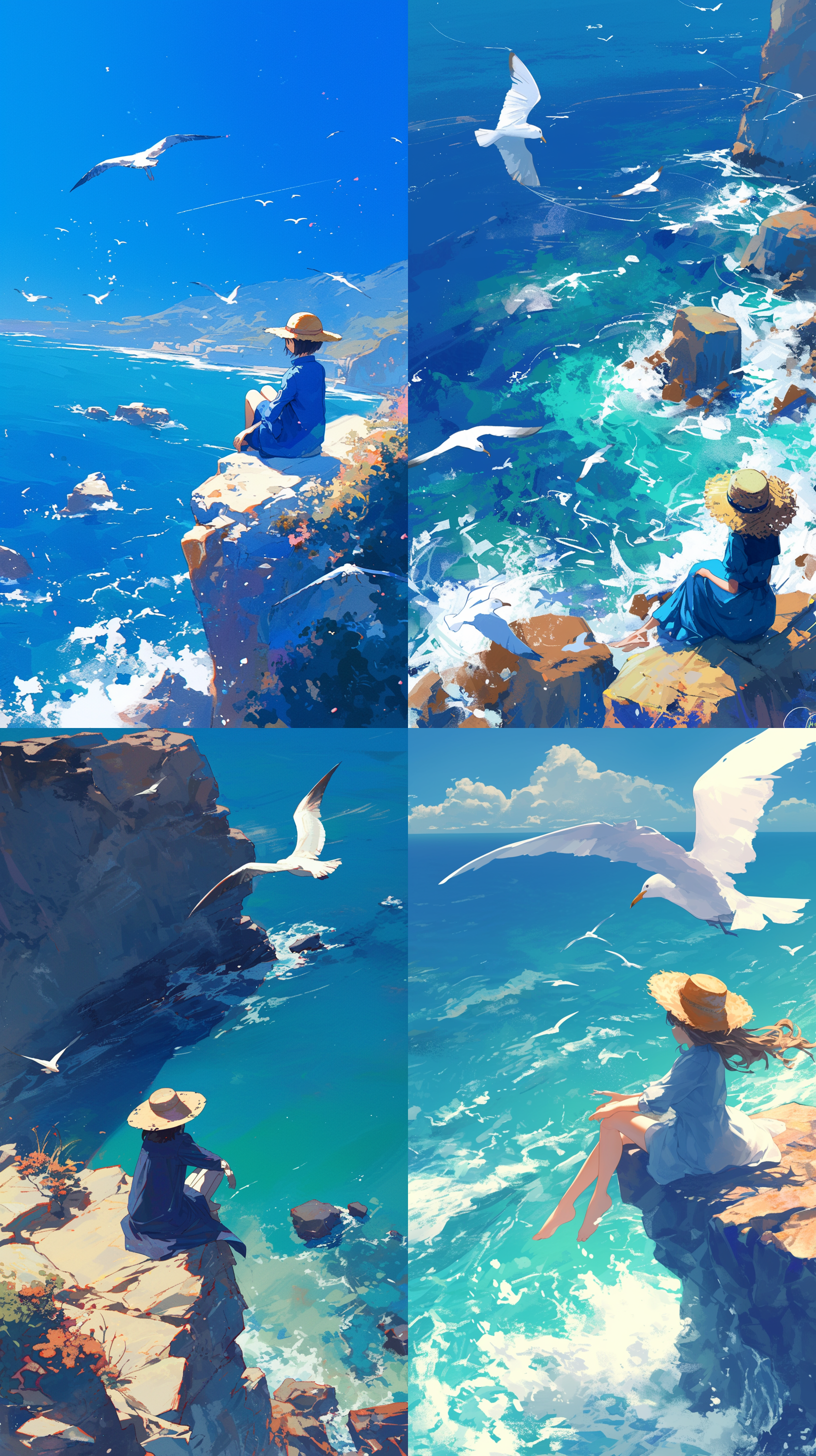 碧蓝的大海，白色的泡沫打在悬崖边，带着草帽穿着蓝色外套的少女坐在悬崖边，白色的海鸥从她头顶飞过，细节，超清晰，碧蓝色