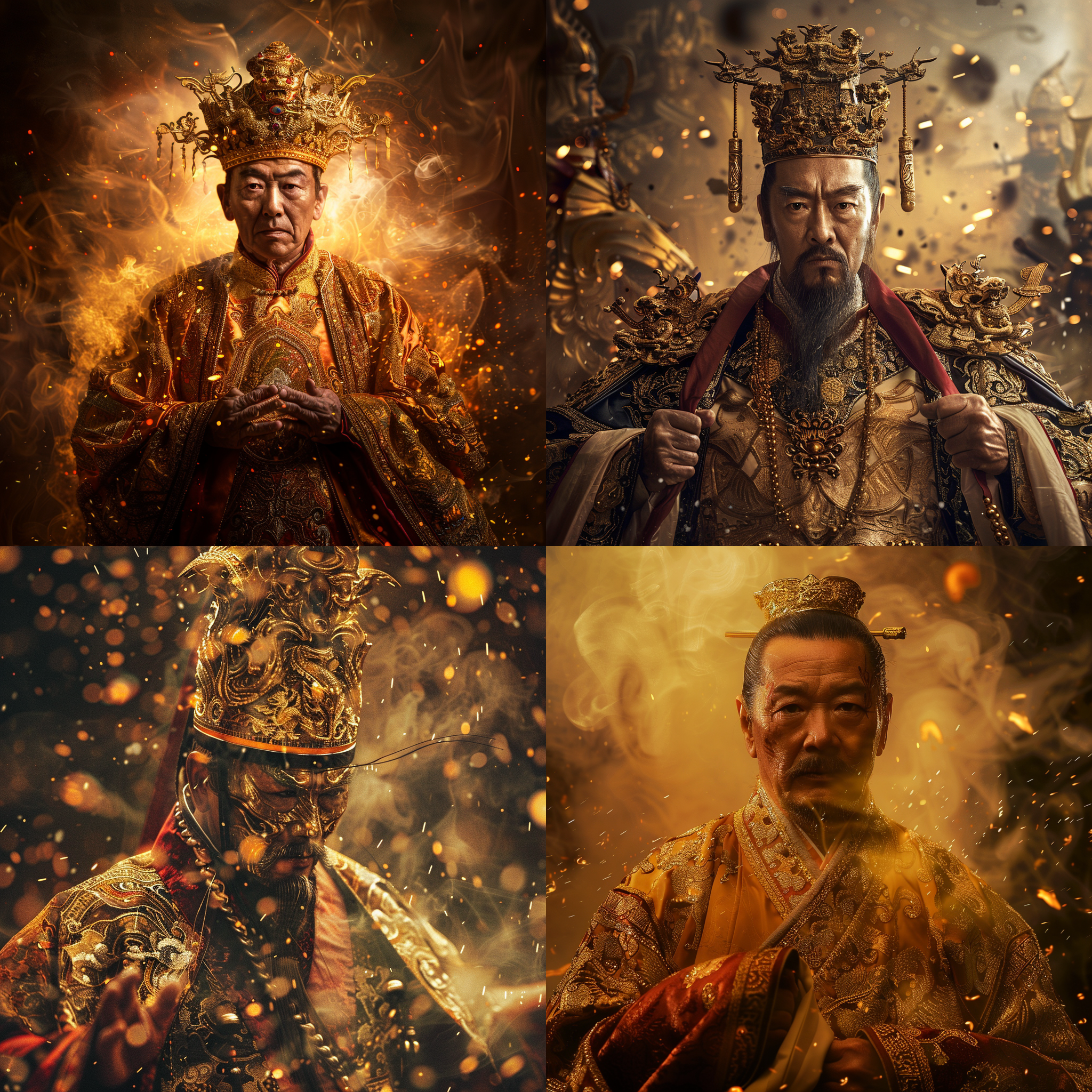 独断万古的大帝，帝王争斗碎片景象，古代风格，华丽服饰，双手背负身后，威严表情，金色调，尖锐光影，中景构图，长焦镜头，动作凝固，霸气。