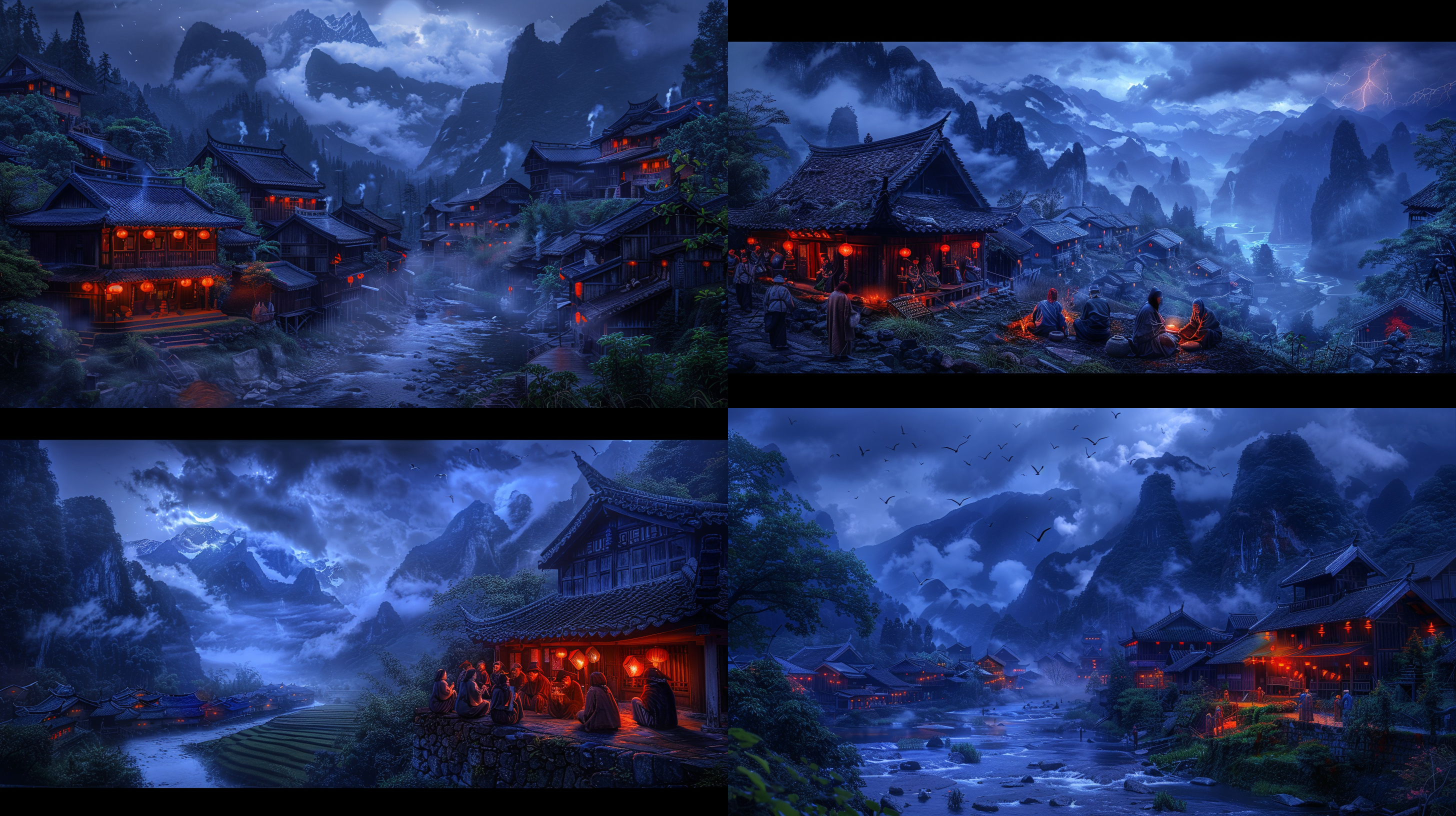 苗族村庄，木屋，河流，稻田，10个大大小小村民，分堆聚集讨论，脸上流露出忧虑和坚定的表情，伤感，紧张，阴深，恐怖，超真实，电影感，8k。风景摄影，环境人像，广角镜头，高动态范围，自然光，瞬间，自然色彩，深度感，真实，情绪。