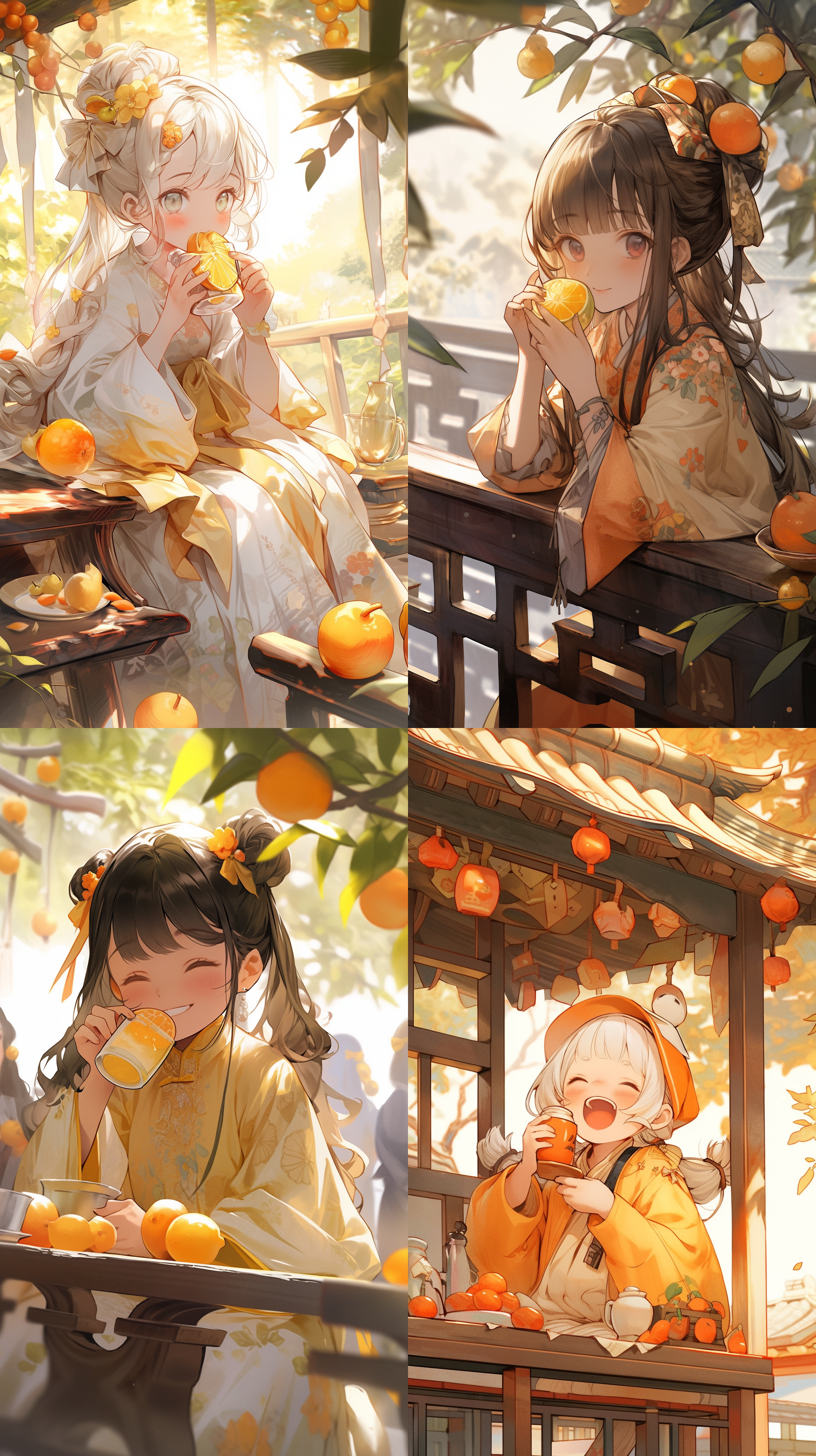 超级快乐可爱，中国古代小女孩，亭子内喝茶，柿子树背景，黄色调，抽象画面，超现实主义，清晰背景，清晰轮廓。