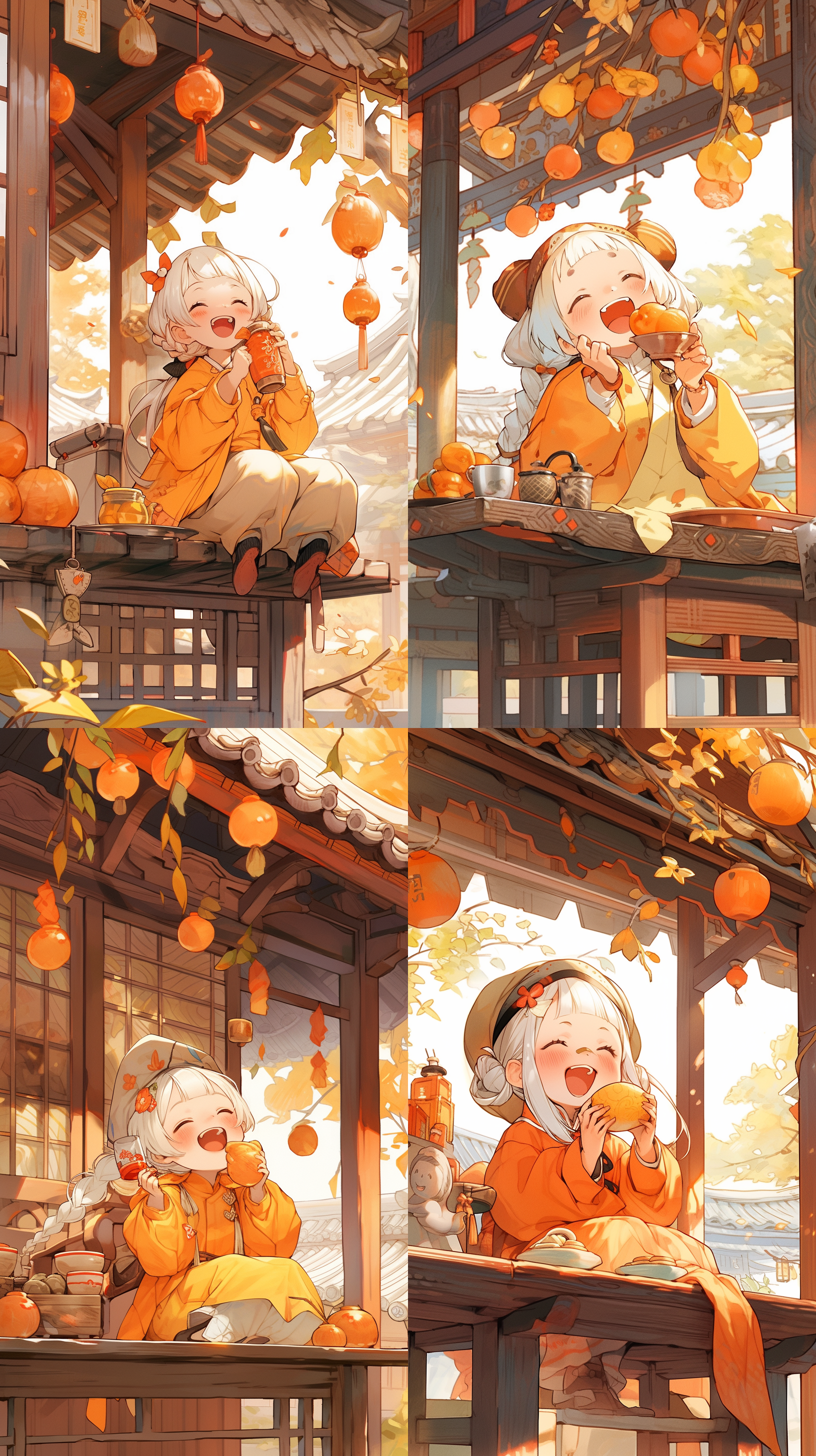 超级快乐可爱，中国古代小女孩，亭子内喝茶，柿子树背景，黄色调，抽象画面，超现实主义，清晰背景，清晰轮廓。