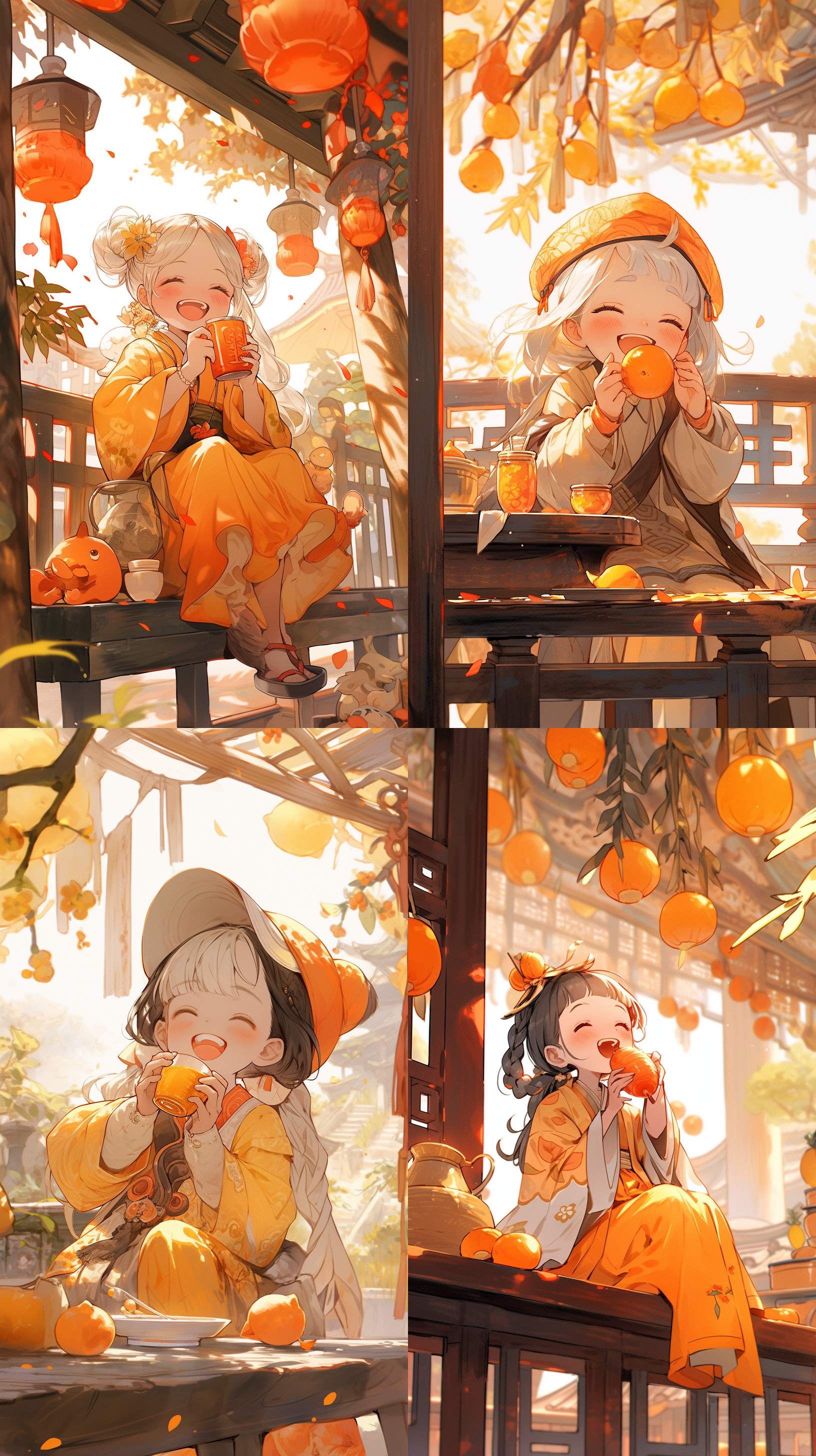 超级快乐可爱，中国古代小女孩，亭子内喝茶，柿子树背景，黄色调，抽象画面，超现实主义，清晰背景，清晰轮廓。