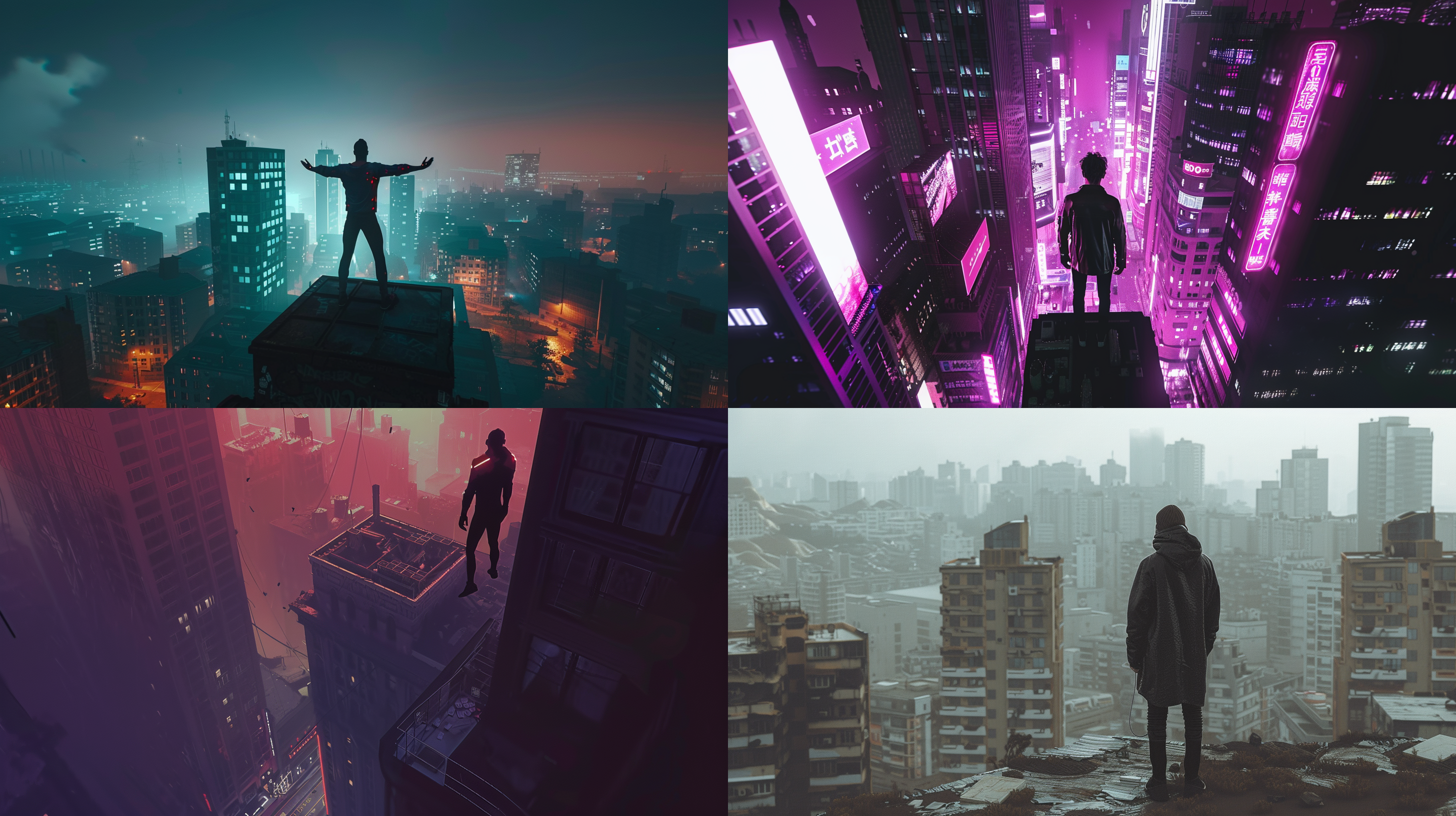 插图，赛博朋克，一个男子站在城市上空，废墟，霓虹冷光，鸟瞰图，虚幻引擎，神秘