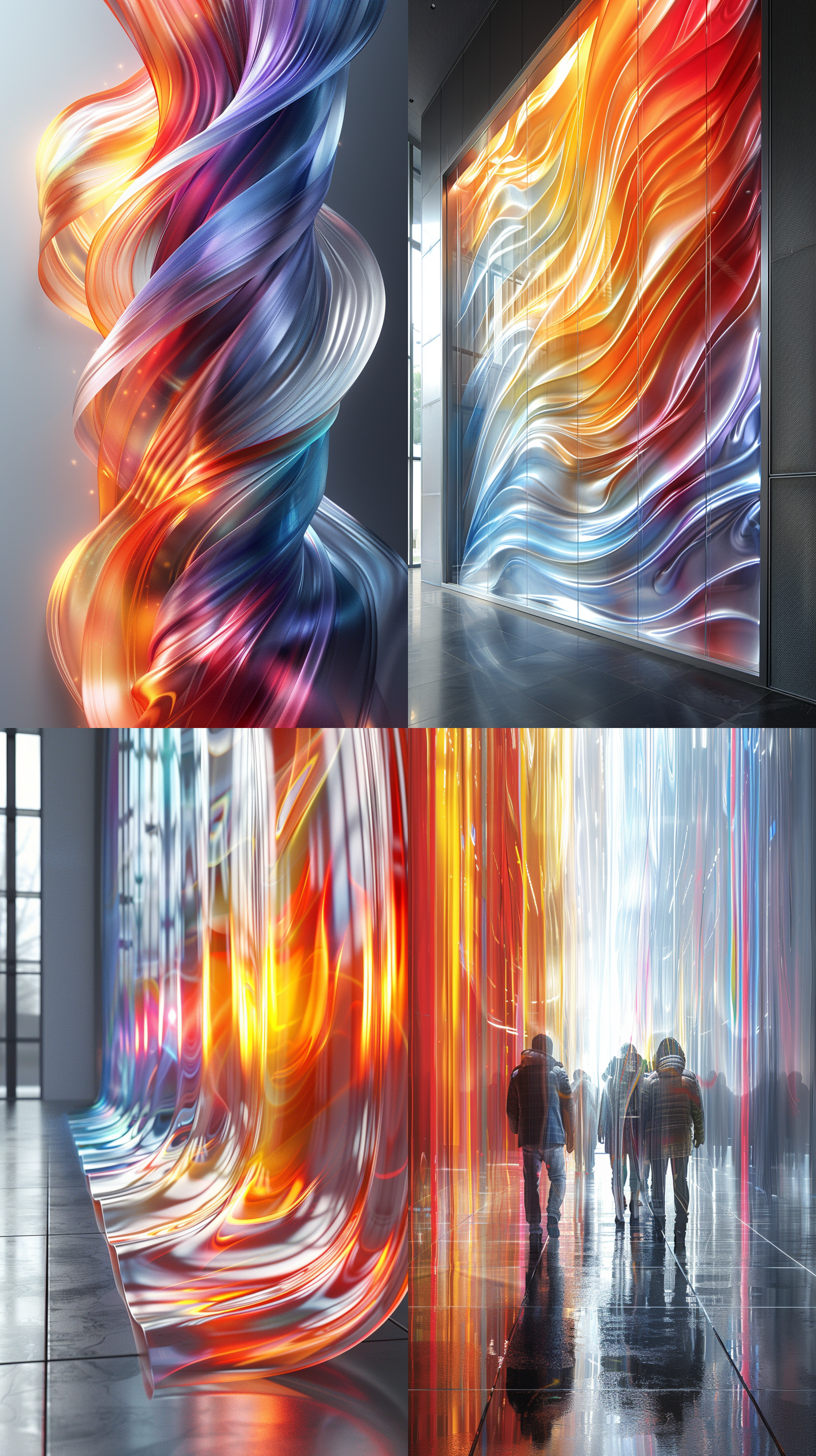 抽象艺术作品展示，多彩光影，抽象构图，现代风格，大胆色彩，创意灵感，展览厅内，宽幅画面，模糊效果，抽象主题，艺术氛围。
