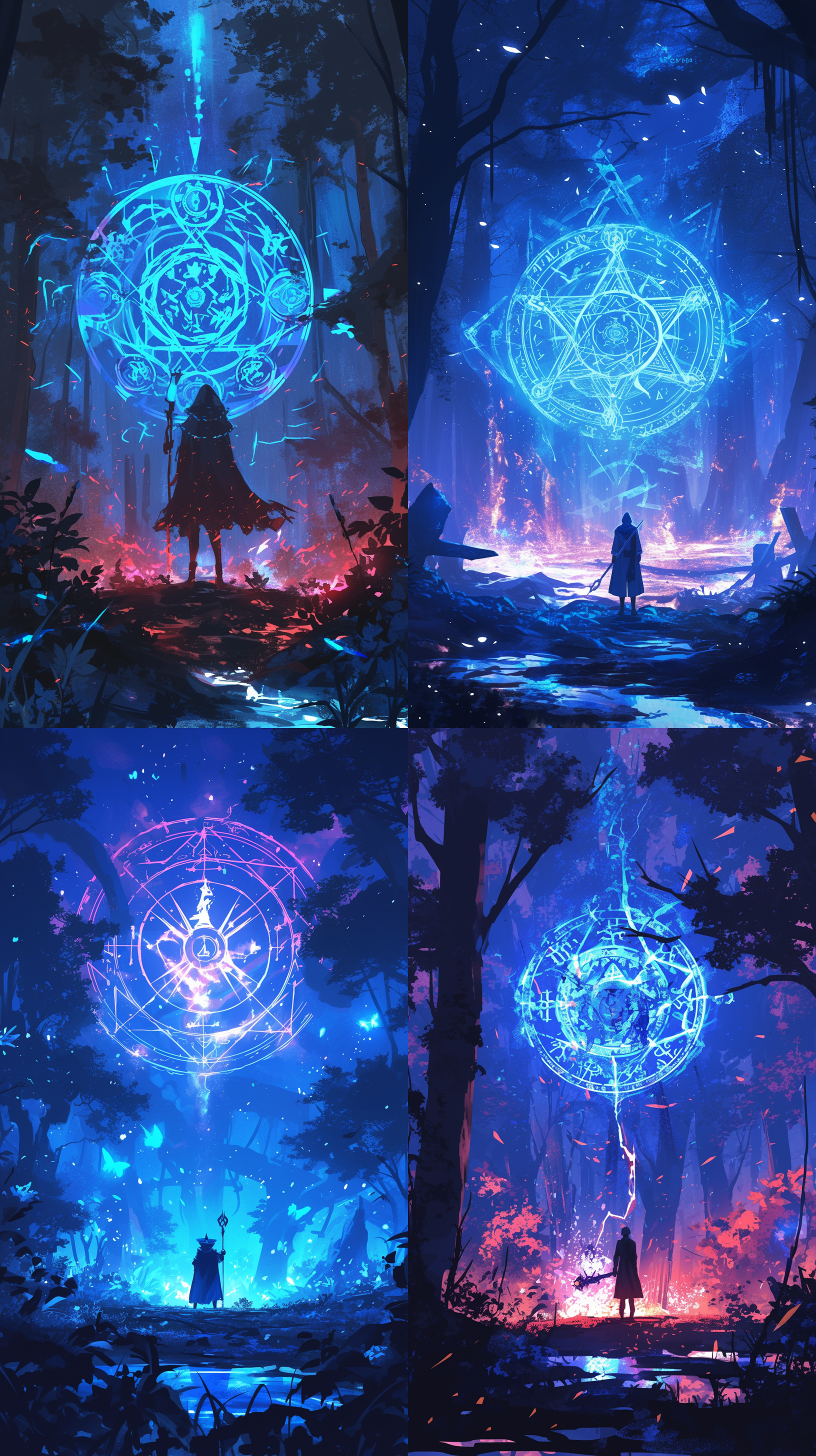 深蓝男子，魔法杖，浅蓝光芒，圆形魔法阵，繁复符文，红光，黑暗森林，神秘，高清，远景，幽深树林，万籁俱静。