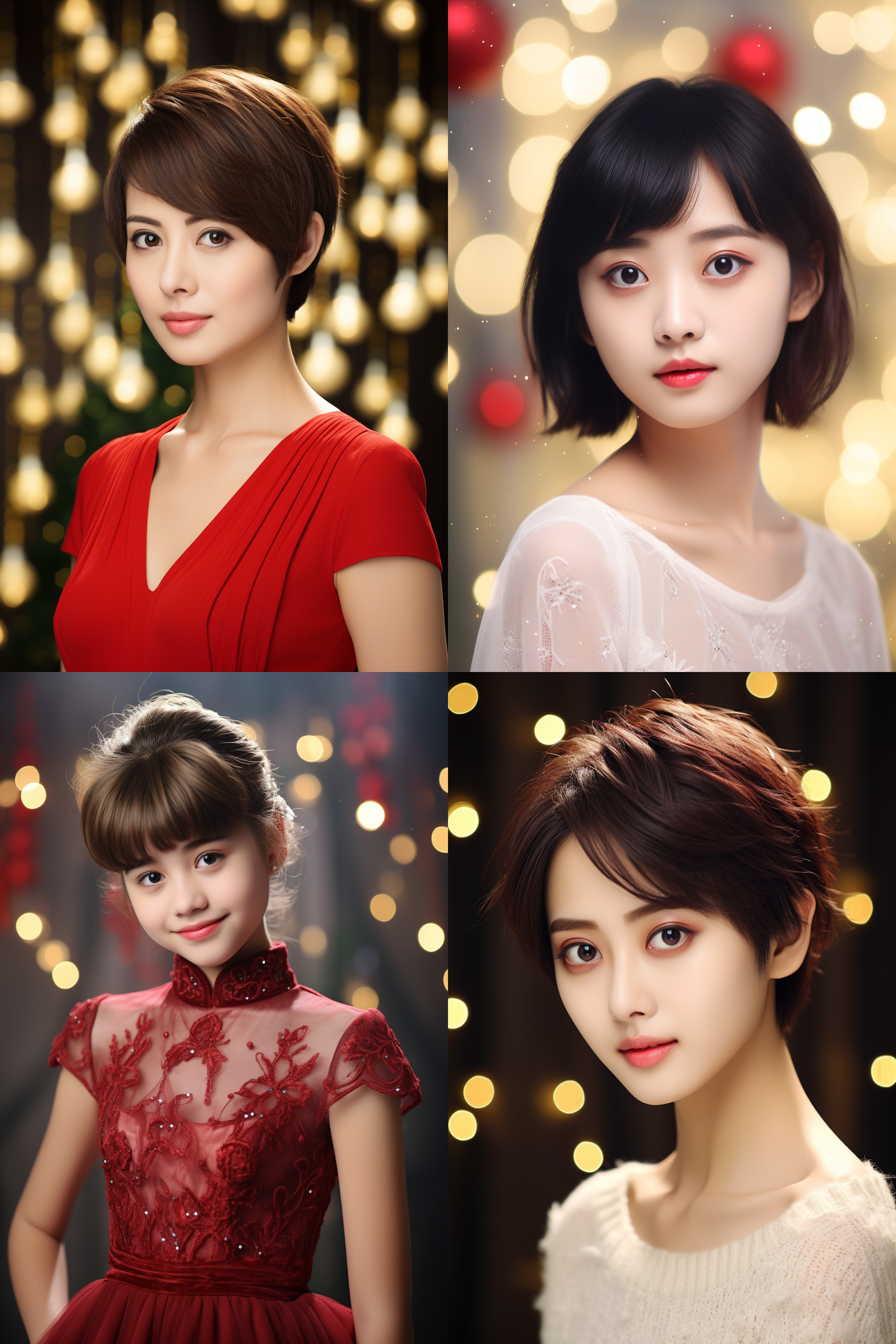 中国短发女孩，圣诞装扮，明亮环境，超高清摄影图，纯净白色背景，微笑着，眼神明亮，光线柔和，彩妆精致，镜头焦距适中，肖像构图，温暖色调，喜悦，自信。