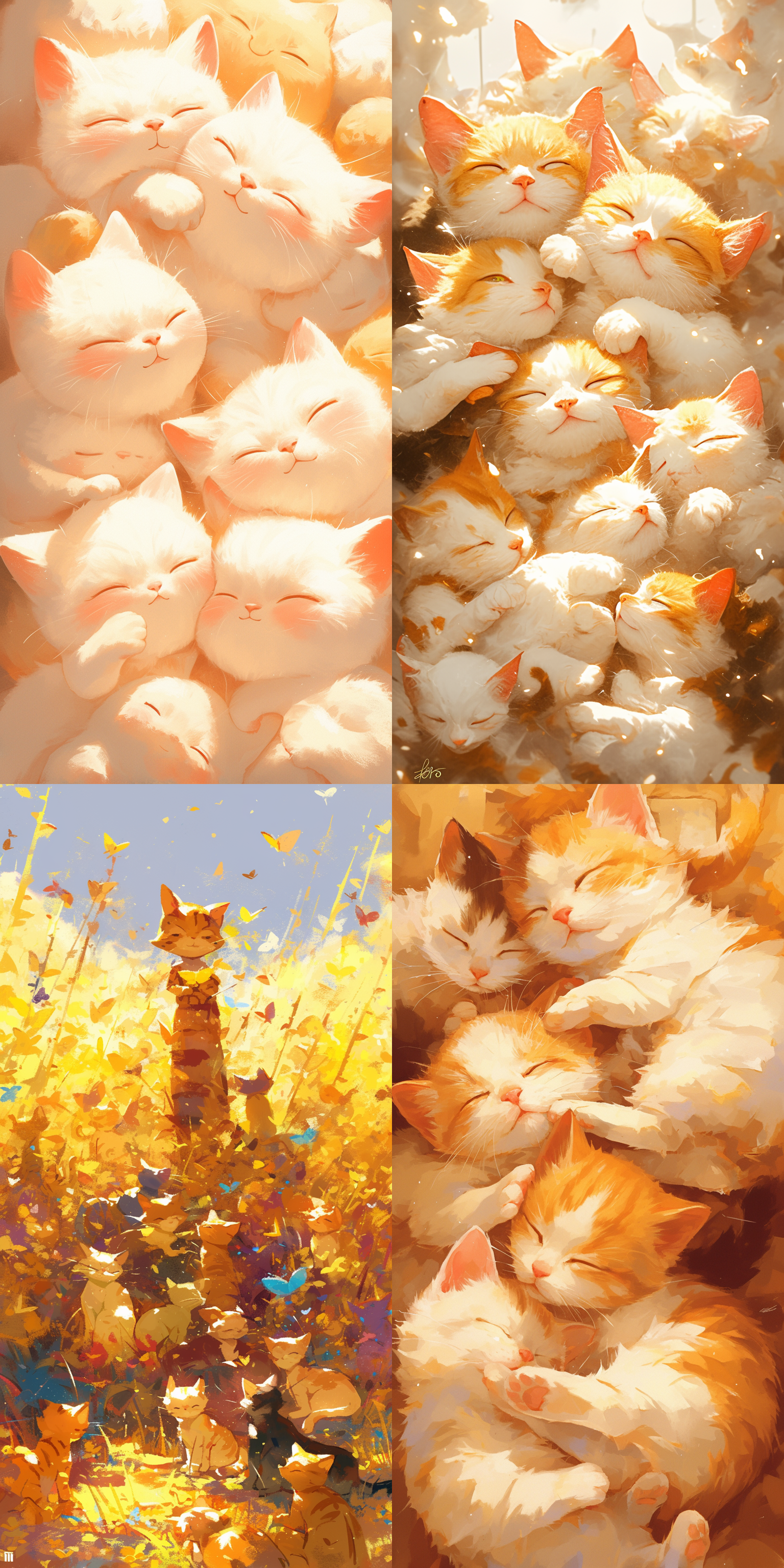 oil painting style, disney style,oil painting texture, seven cute kittens face filling the entire picture,close the eyes and smile, warm scene,crowded scene,ray particle, ultra hd,8k