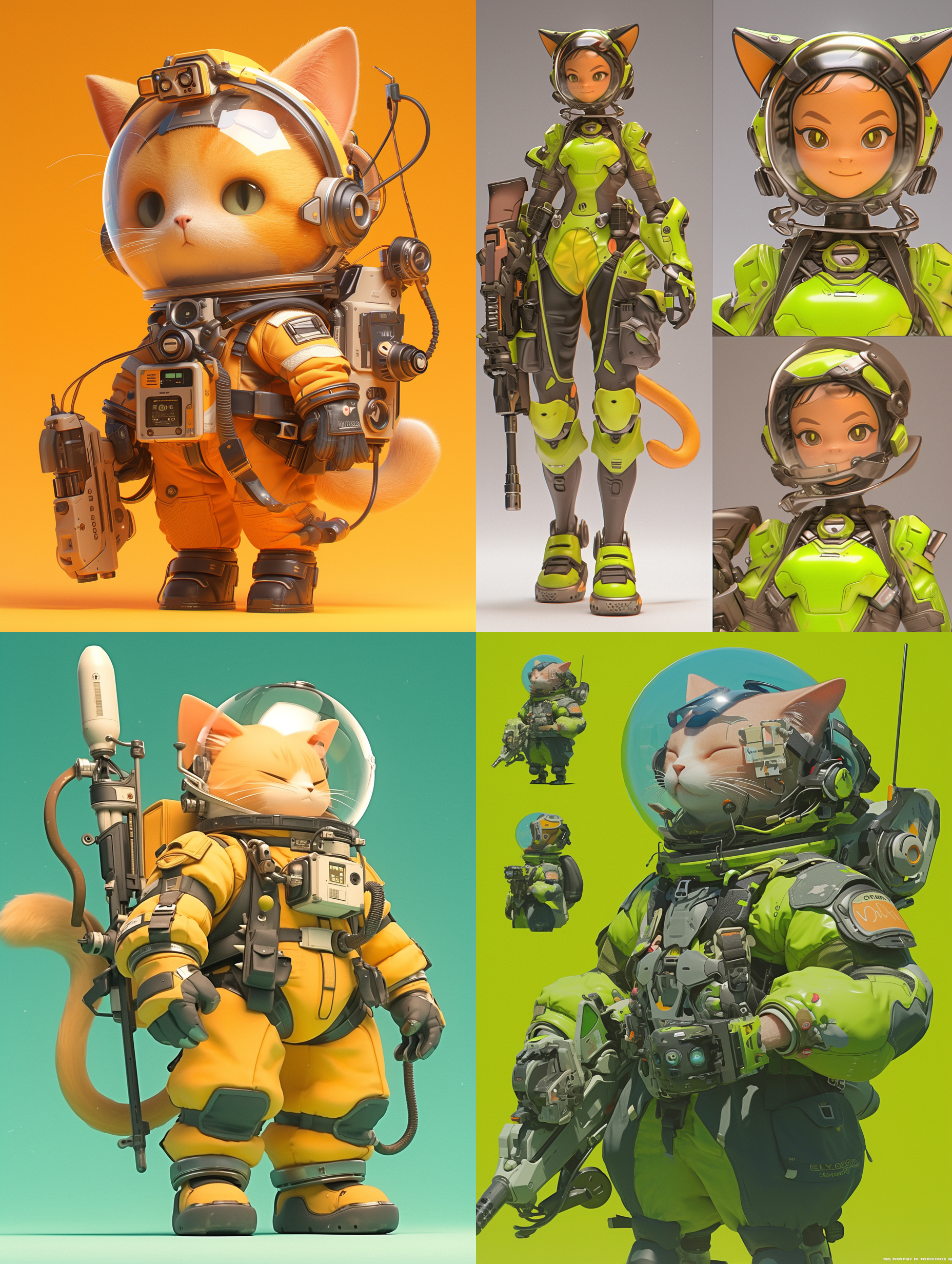 绿橙猫宇航员戴着玻璃帽子，站在干净的背景前，详细的角色设计，拿武器，生成三个视图：前视图、左视图和后视图。全身可见，卡通ip风格，科技感十足。配色柔和，背景为工作室灯光octane render渲染的纯净背景。采用3d建模软件c4d制作，使用超高品质ultra hd 8k分辨率，宛如皮克斯动画般精美。 绿橙猫宇航员, 卡通ip风格, 科技感, 玻璃帽子, 武器, 视图, 3d建模, c4d, ultra hd 8k, 皮克斯动画.