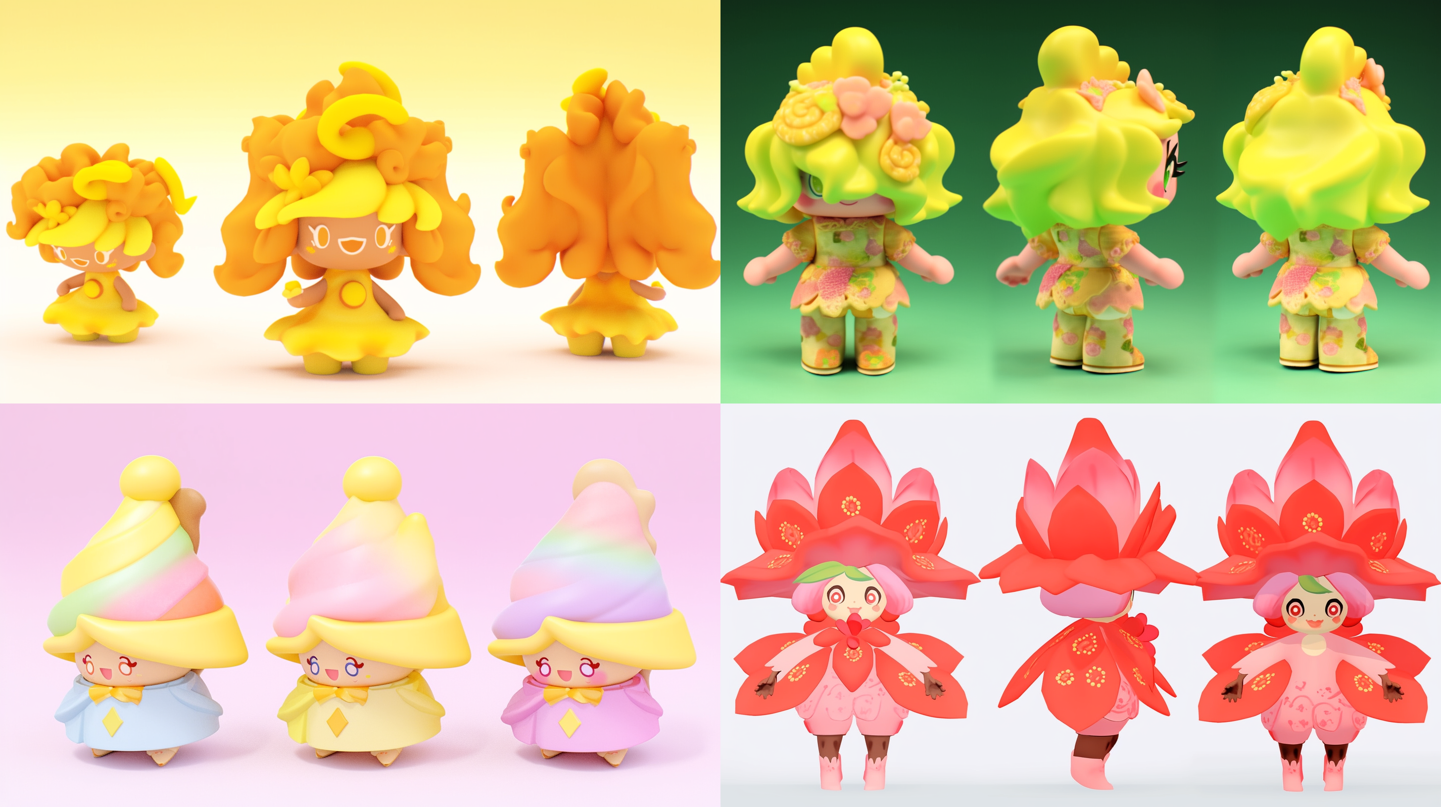 三视图，正视图，侧视图，背视图，3d,c4d，q版盲盒，三头身，可爱，古风小女孩，花朵，糕点，立体，full body, enerate three views, namely the front view the side view abd the back view, super cute girl ip by pop mark, colorful, plastict ransparent, soft lighting, glowing body,mockup, blind box toy,fine luster,clean background, 3d render, oc render, best quality 4k, ultra detailed, crazy details,