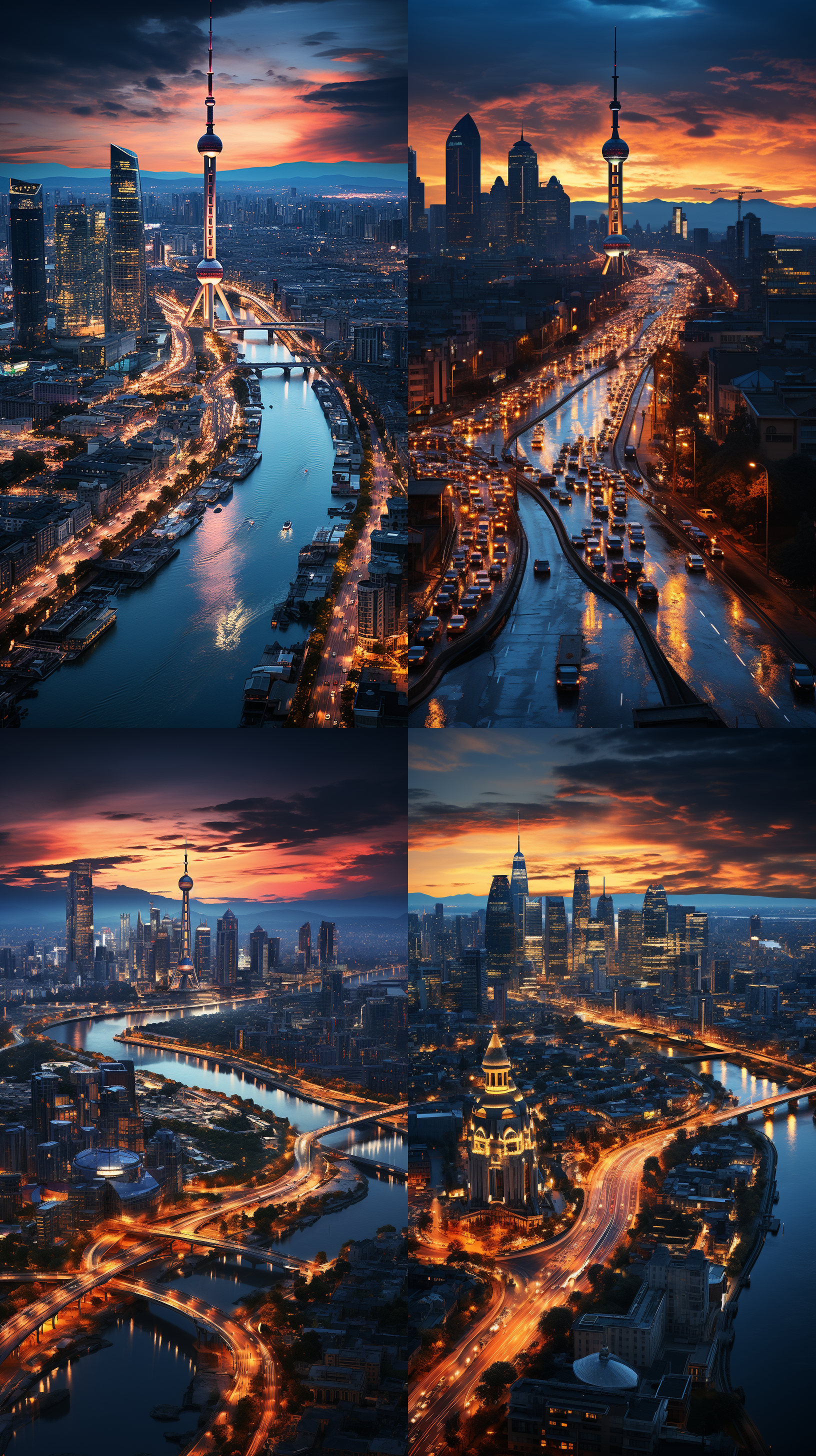 天津城市风光，现代建筑，河流穿城而过，夜晚灯光璀璨，车流涌动，霓虹闪烁，高角度视角，长曝光，城市夜景，繁华璀璨，现代感。