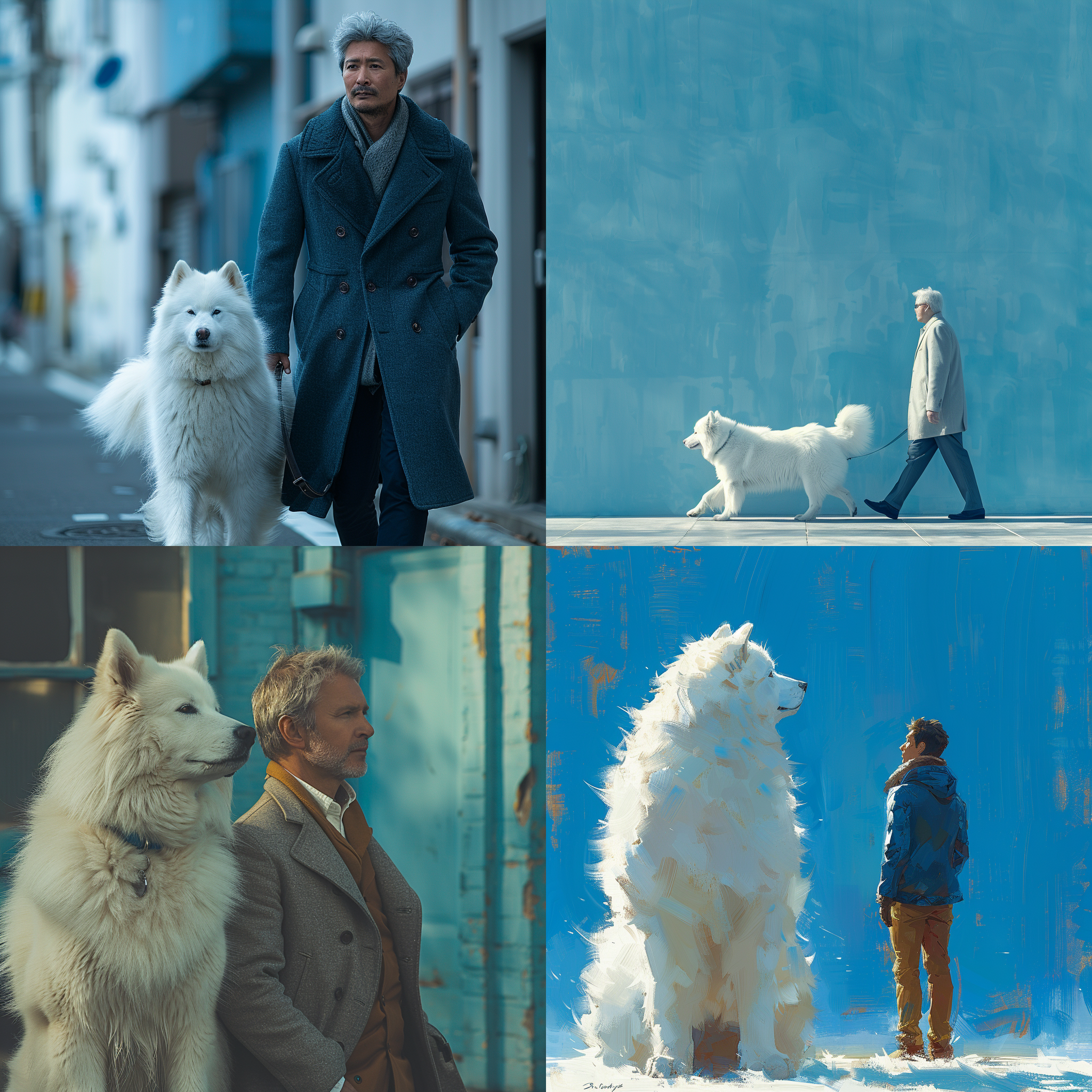 dogman，随机地点，可爱卖萌，随机西装，纯白萨摩耶，眼神清澈，高角度视角，蓝色调，天空，仰角镜头，侧光，写实主义