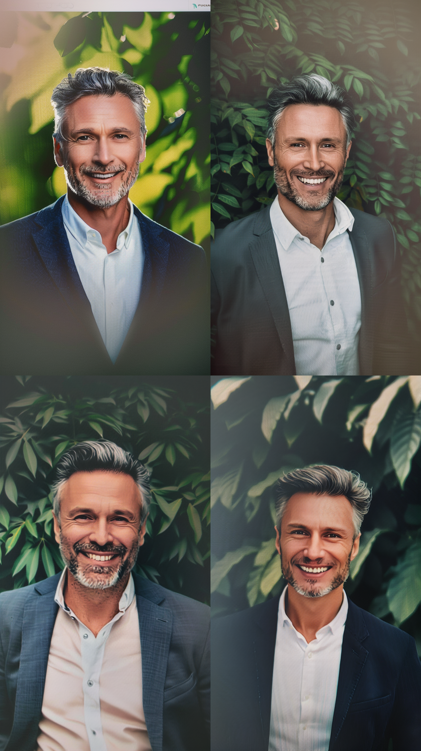 40多岁男性，西装 帅气随性，半身照，户外绿色树叶，自然光线，要清晰，中等焦距镜头，微笑，放松，自信，深蓝色调。背景和人物要协调分明，清晰，能看到胳膊和手