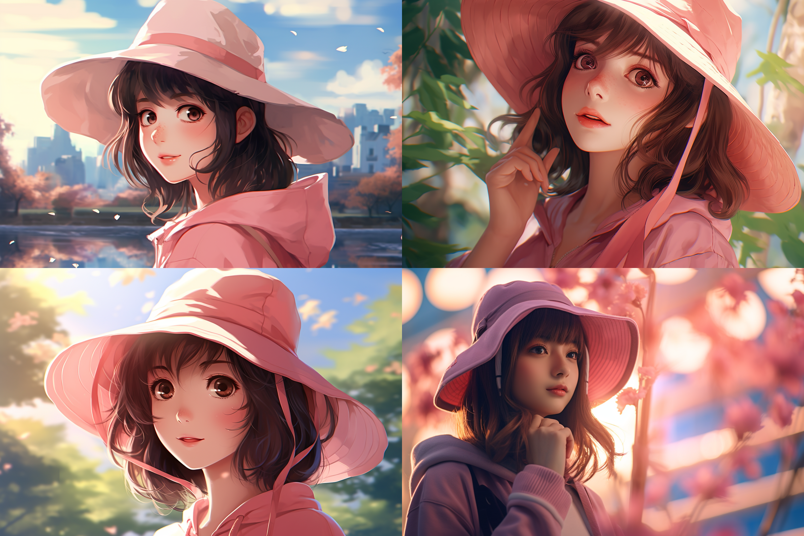 irl wearing a pink hat, in the style of japanese photogr anime qirl,makoto shinkai