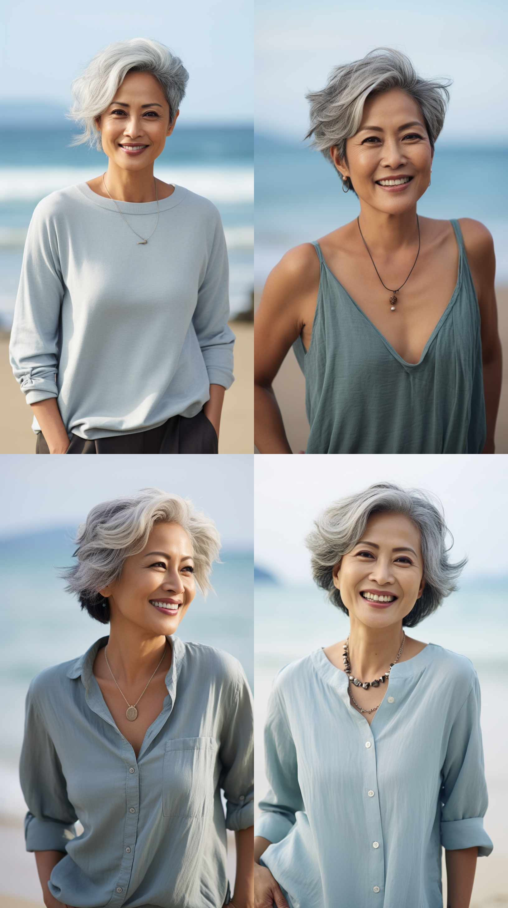 亚洲美女，50岁少妇，微胖，银色短发，沙滩上，逆光，长焦镜头，自然光，微笑，放松，海蓝色调。