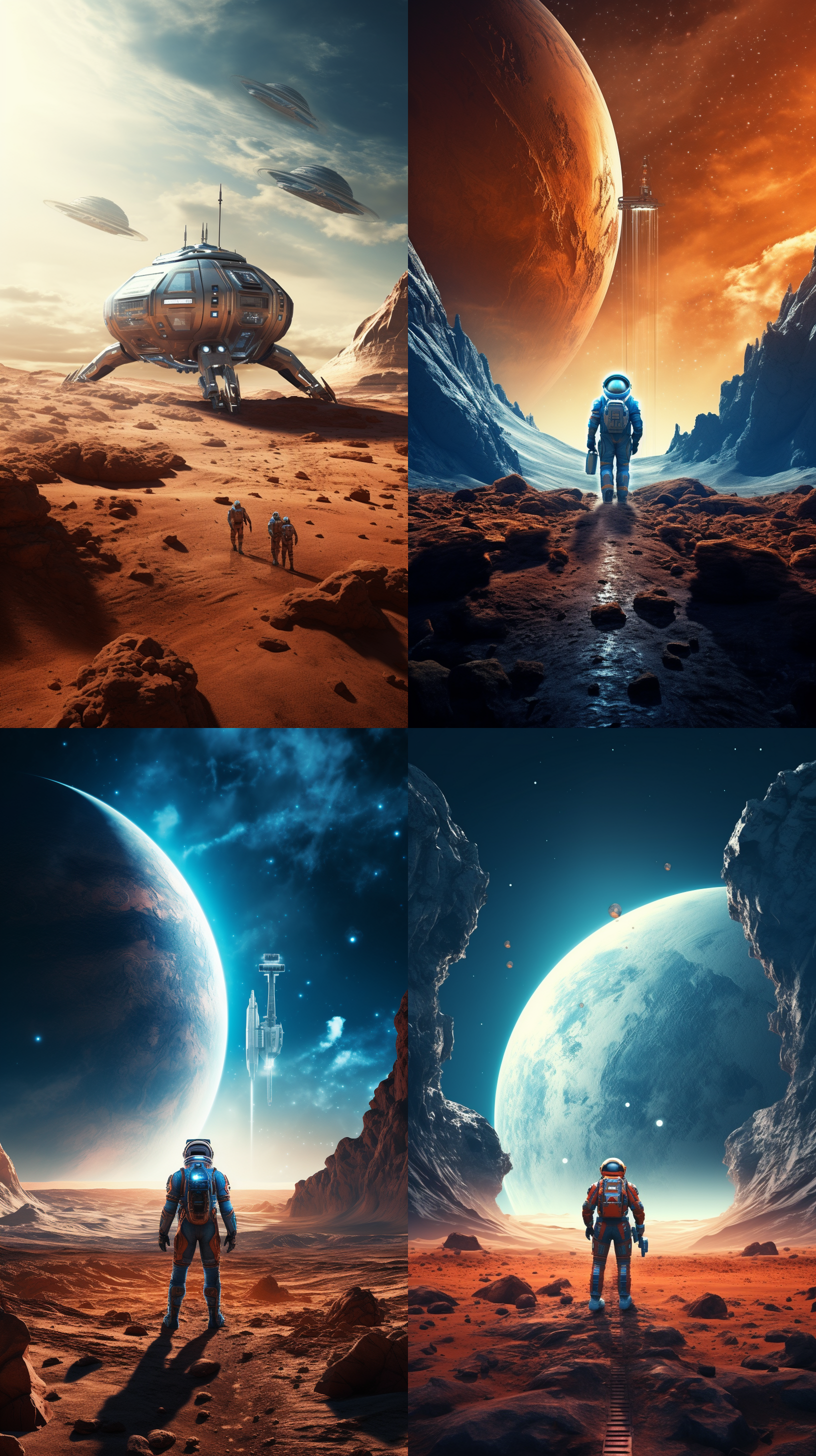 宇宙星舰抵达火星，宇航员登陆，地球背景，壮丽景象，宇宙探索，科幻风格，广角镜头，太空服，星际使命，星球探索，蓝色调，兴奋。