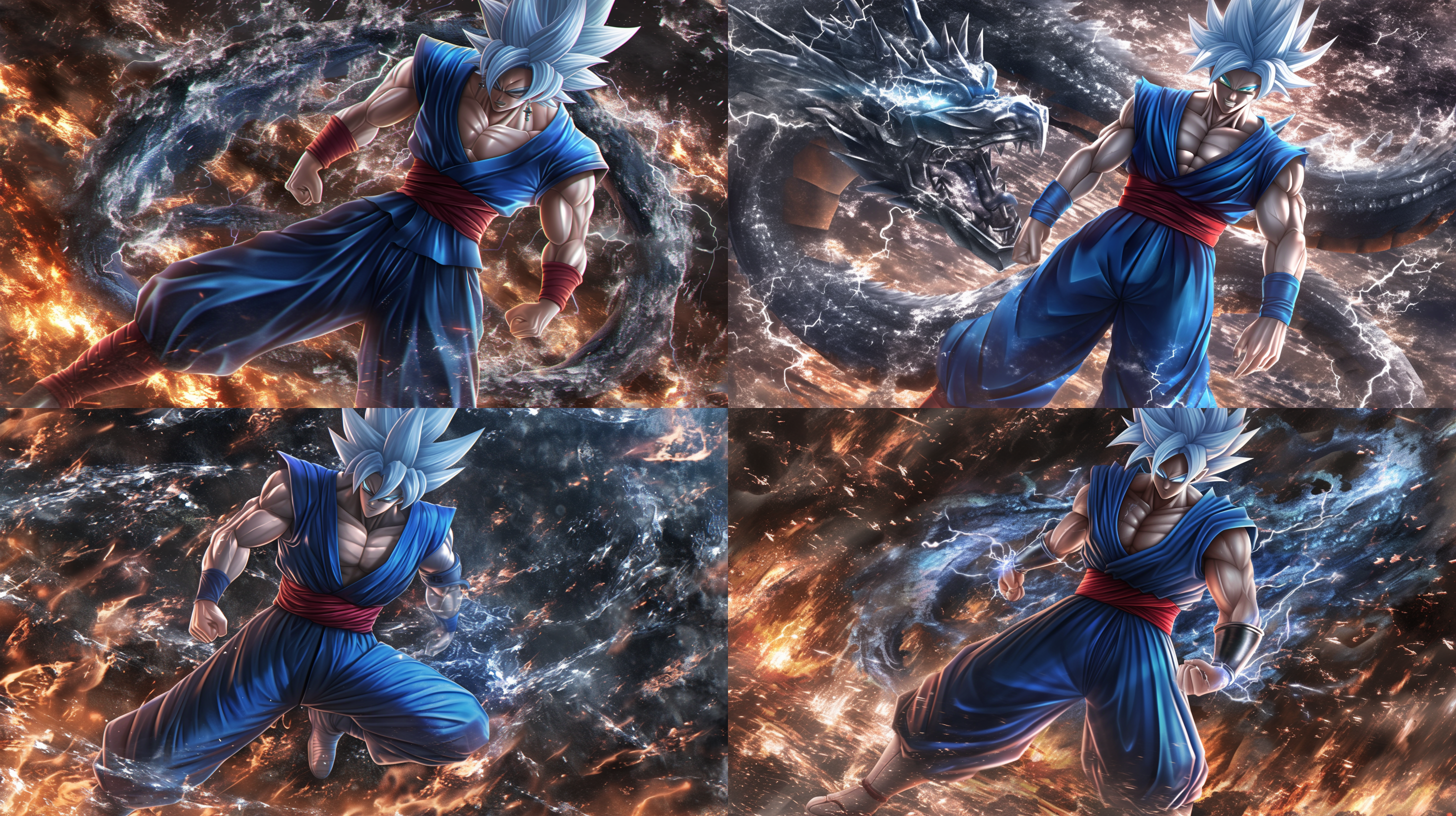 火焰寒冰闪电。充斥着全场。特效拉满。黄昏的天空炼狱背景，星空环绕，雷电效果。造型霸气，机身流光耀眼，银绿金色调，配色惊艳，动感构图，金属外观，震撼，高颜值，精美镜头，星海环耀。质量最高