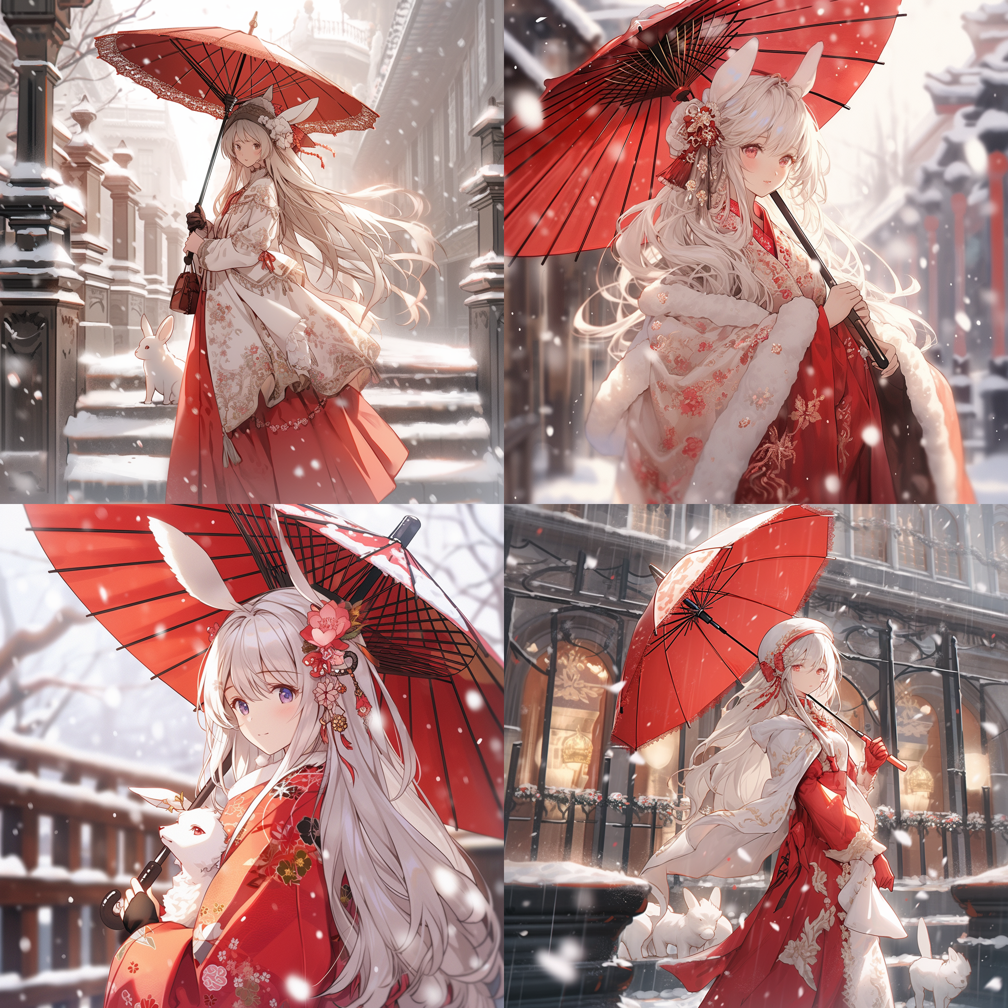 白雪覆盖的庭院，兔耳少女撑红伞，古典长裙，高级数字动漫风格，瓷白皮肤，柔和色调，近景特写，侧光，静态，优雅。