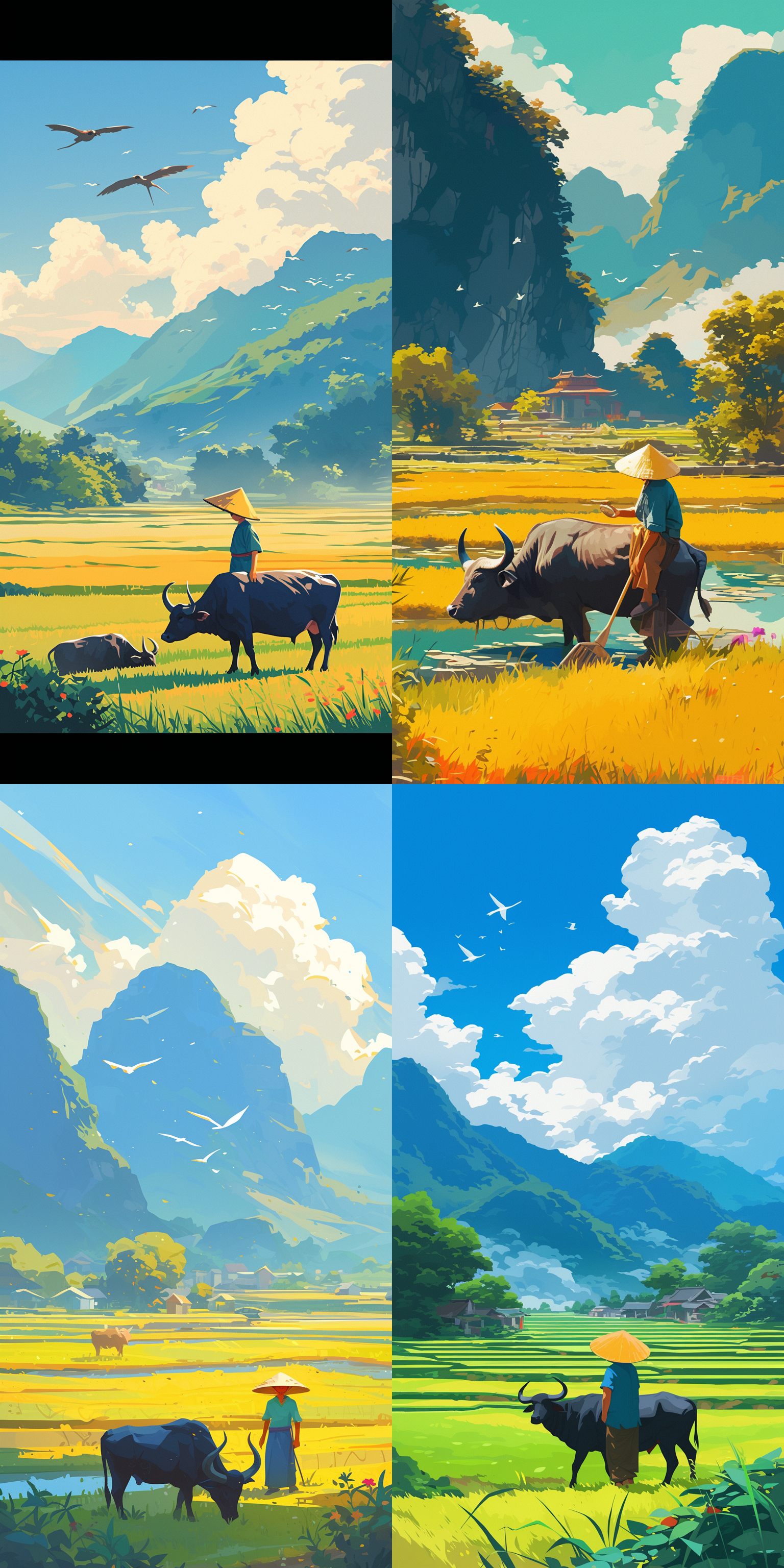 地点在中国广西桂林，一位农民戴着黄色草帽，一只水牛在前，草地，稻田，远处朦胧的山，矢量插画，简约，明亮，高饱和度