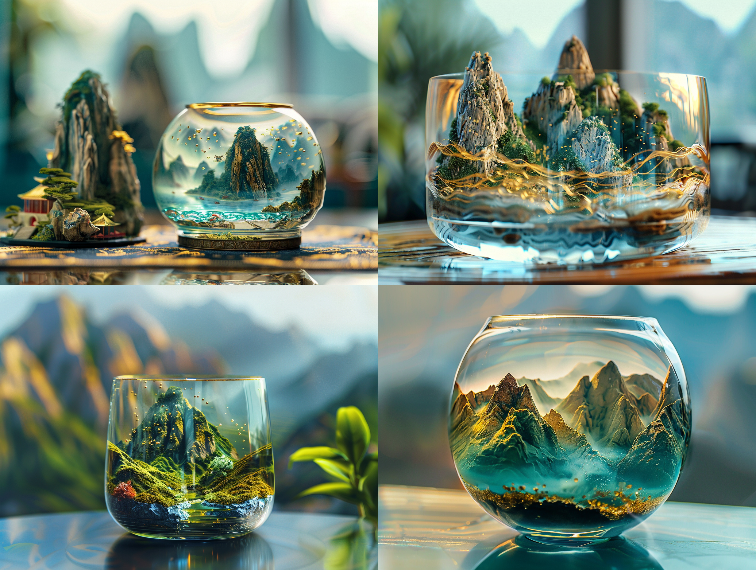 miniature landscape, chinese landscape, in a glass, 3d stereo effect of the mountain, blue and green color scheme, gold lines, natural light,ray particle,panoramic composition, blurred foreground, ultra hd,8k