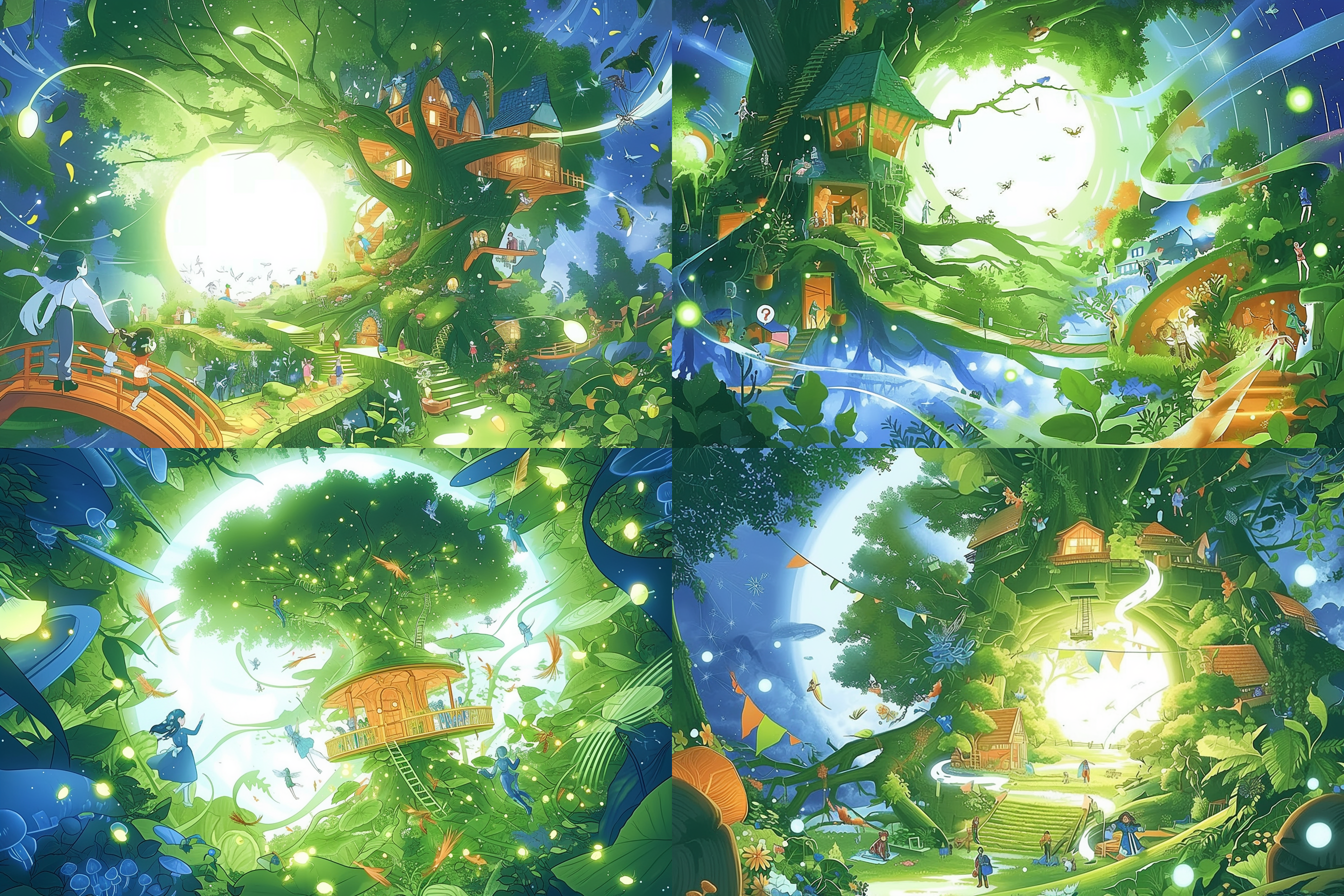 夜晚的魔幻发光森林，一座神秘的树屋被幽蓝色的蓝光光环绕着。这是一座萤火虫的家园，人类到萤火虫家园里探秘，神秘、奇幻、光影交错、荧光、树屋、月亮、森林、花海、夜晚。 奇幻森林 森林 魔法花园 丁达尔效应 低角度 霓虹。细节清晰，精细 奇幻森林 森林 魔法花园 丁达尔效应 低角度 霓虹 绿野仙踪