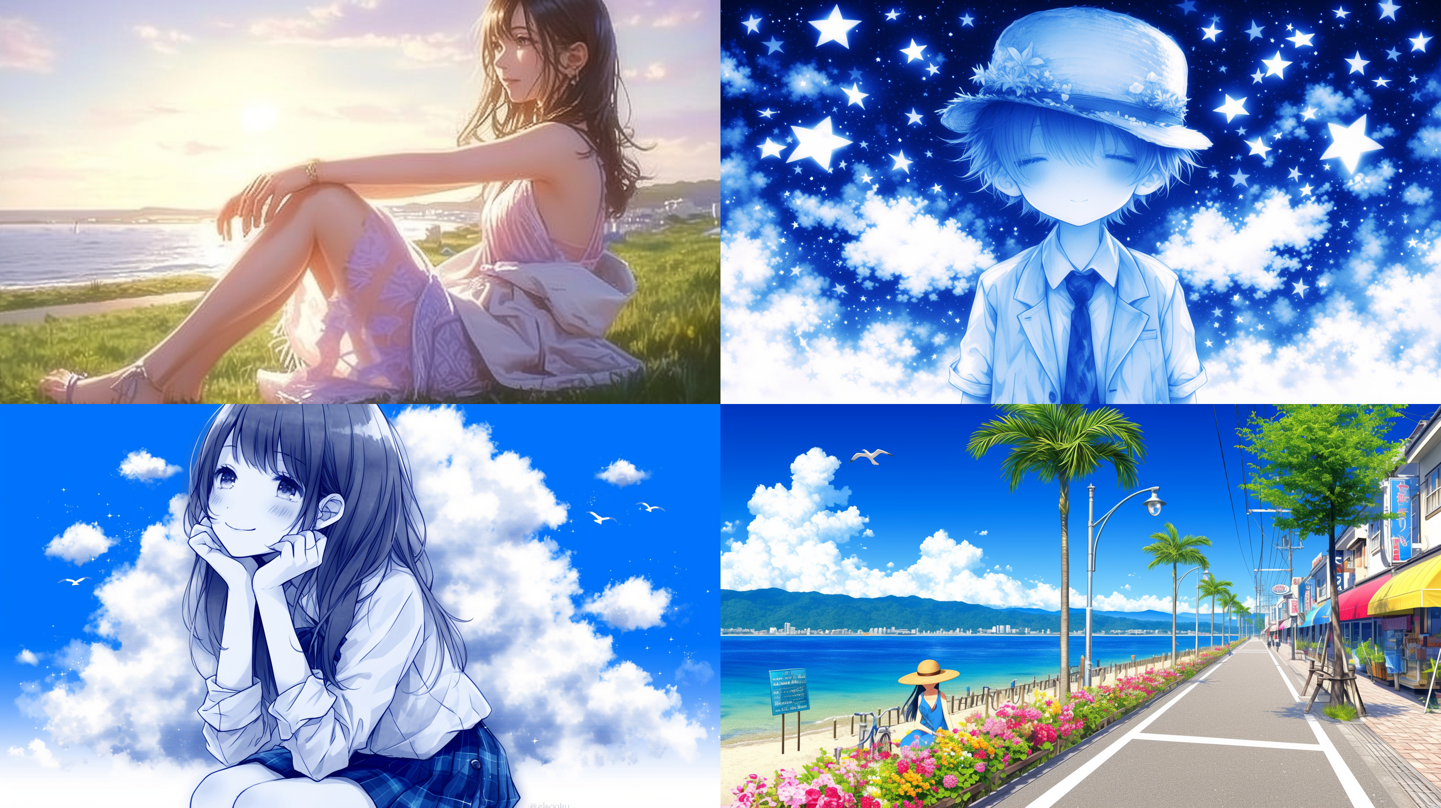 the blue sea, the white foam hit the edge of the cliff, the girl with straw hat and blue coat sat on the edge of the cliff, the white seagull flew over her head, the details, super clear, blue,,in clothes