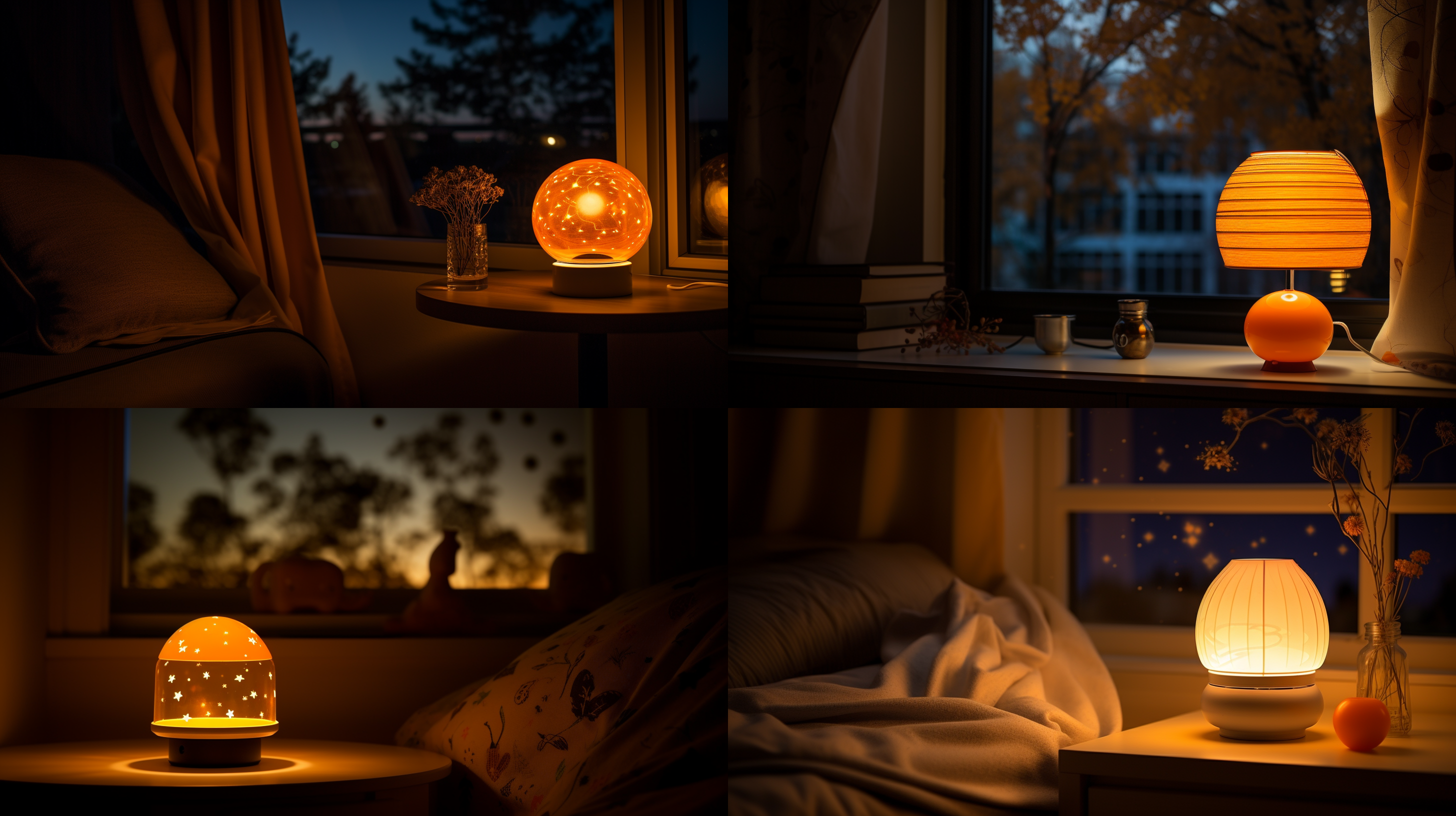 小桔灯在黑夜中照亮周围，对比明显。它被放置在一个温馨的房间里，透过窗户可以看到外面的星空。照片采用柔和的色调和广角镜头，突出小桔灯的光芒。拍摄时使用了侧光以增加层次感。情感上给人一种温暖和安心的感觉。