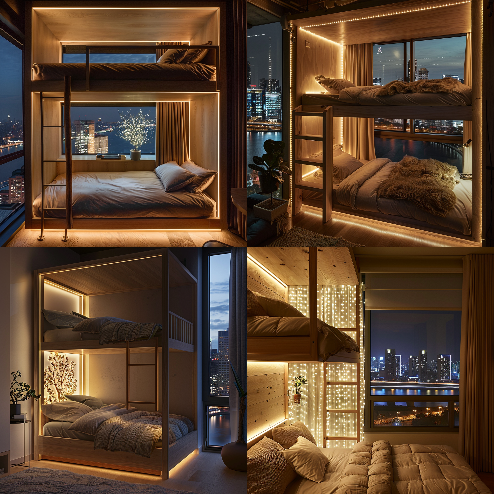 led light strip surrounding the bedside, a brightly lit bedroom, imagine a cozy, small bedroom situated high in an urban apartment building at night. the bedroom features a bunk bed with a sturdy wooden frame, the lower bunk wrapped in soft, warm lighting that creates a welcoming atmosphere. the upper bunk is partially hidden, suggesting a quiet, intimate space. the room boasts a large window with a thick curtain gently pushed aside to reveal a sprawling city skyline full of twinkling lights and towering skyscrapers. a river reflects the city's glow, enhancing the urban feel. the room is adorned with minimal yet elegant decorations, like a small plant and a decorative light that casts a gentle, tree-like pattern on the wall, adding a touch of nature. the bedding is luxurious and simple, inviting a peaceful night's sleep. the overall ambiance is one of tranquility and modern comfort, a perfect blend of city living and personal retreat