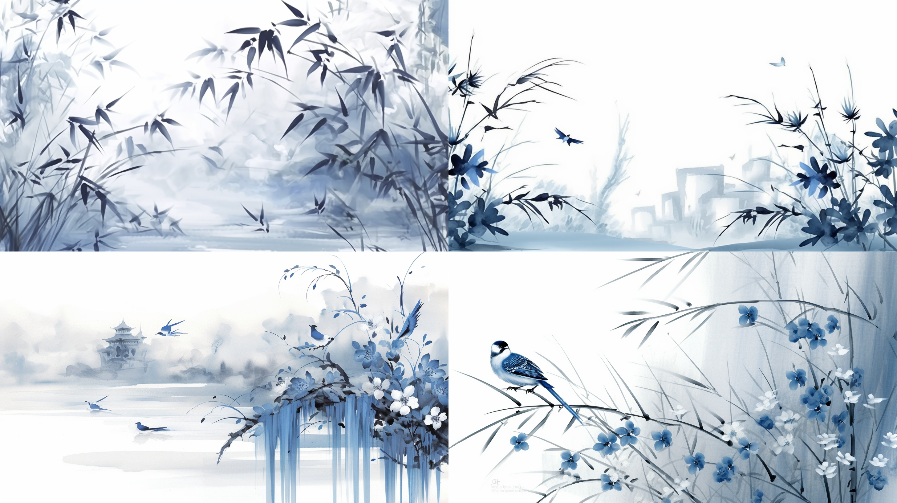 blue and white porcelain style, qingming festival theme, swallows, willow branches. vertical composition, ink painting effect, elegant color scheme, rich details, traditional charm, graceful and elegant, serene and lyrical, expressing the poetic sentiment.