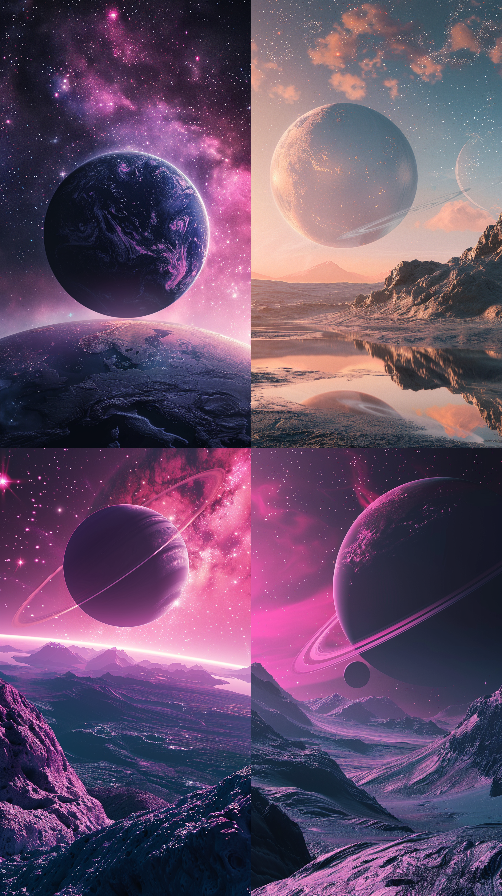 异域星球，粉色天空，巨大卫星，星环，超清，8k，正面视角