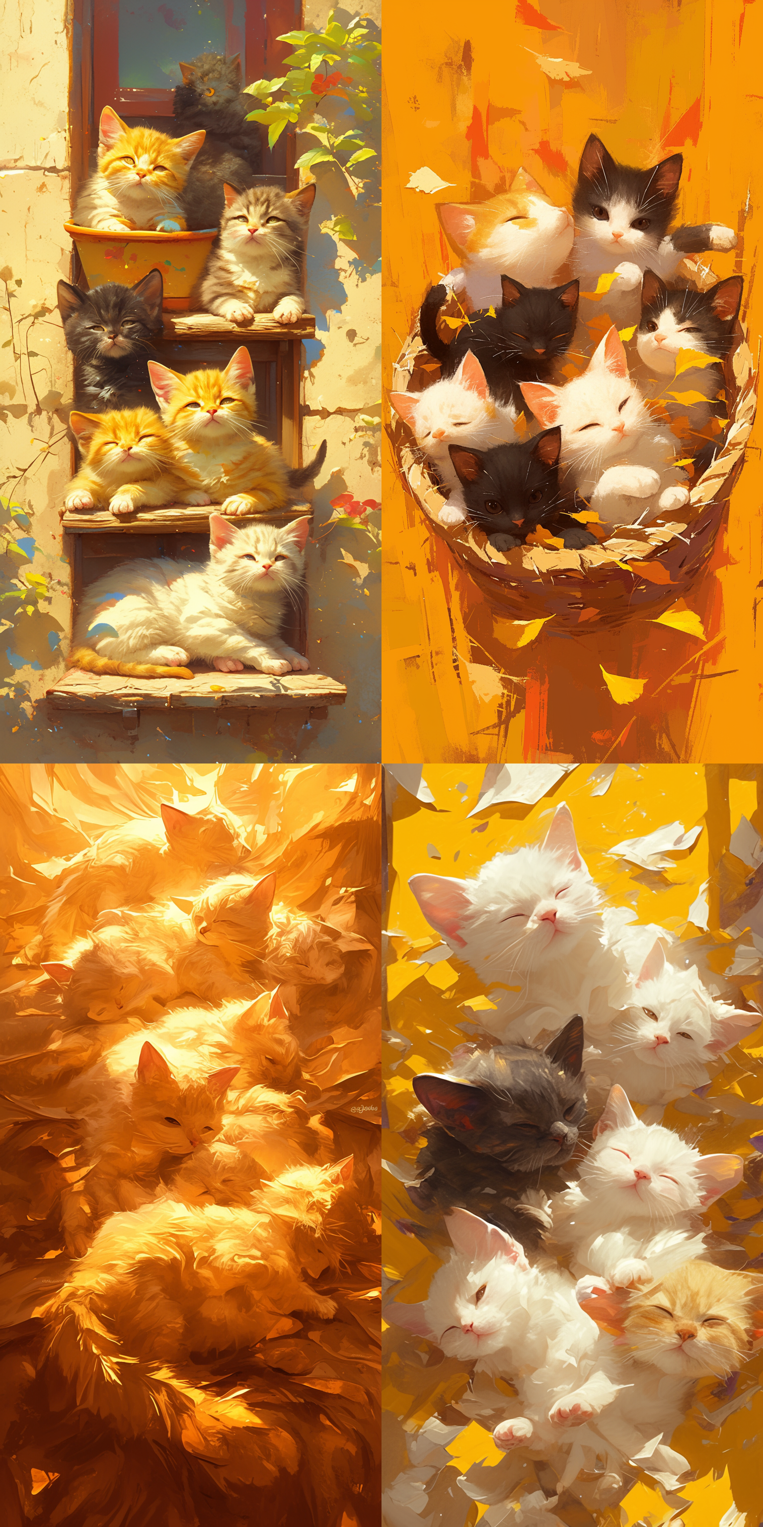 oil painting style, oil painting texture, seven cute kittens filling the entire picture, warm scene, ultra hd,8k
