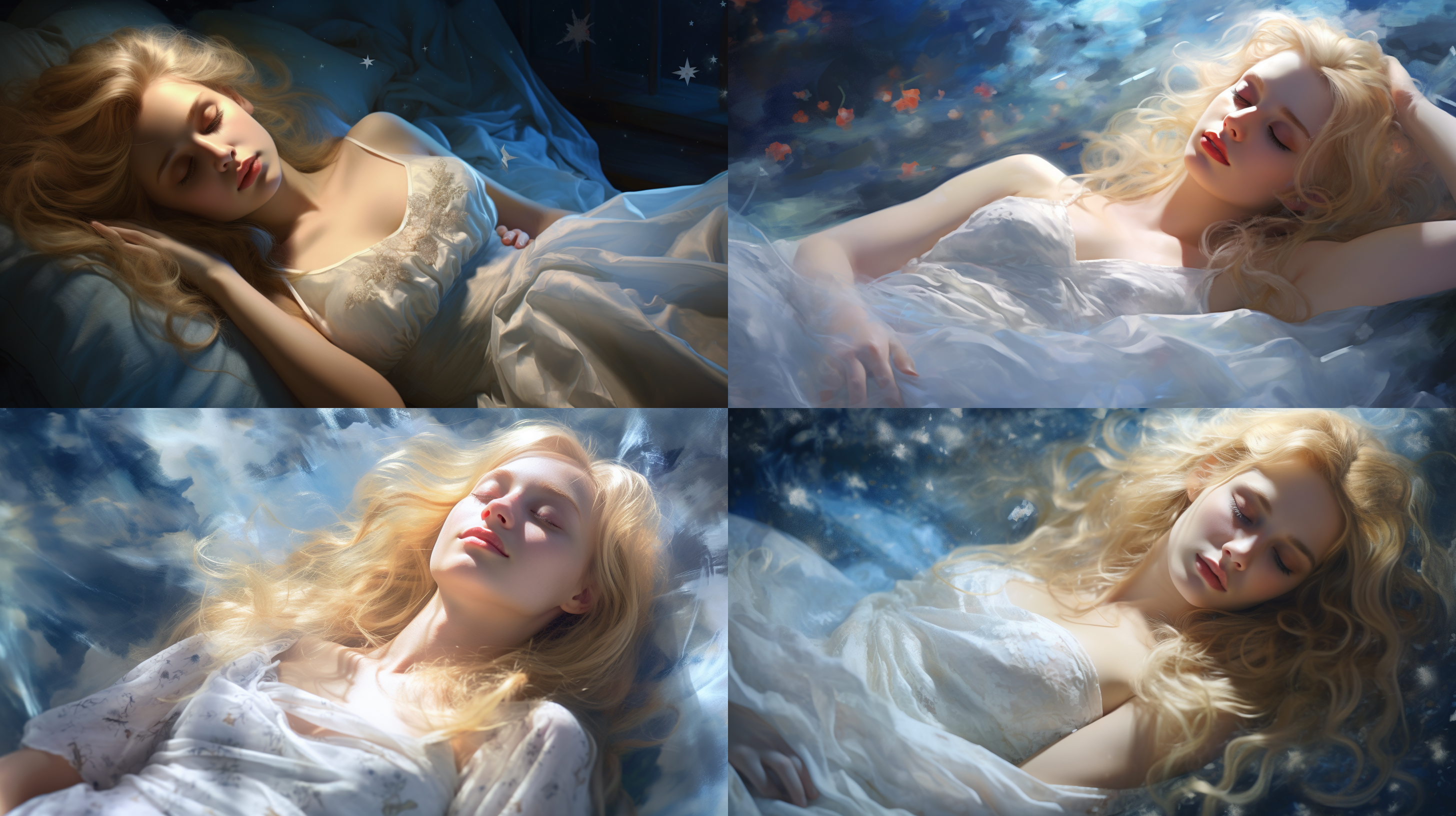 睡着的仙女，金发，浪漫，优雅，光线柔和的照耀在仙女的脸上，真人肤质，胳膊皮肤细腻，身材饱满，凹凸有致，晶莹剔透，星空，光，雪，冷漠，超清渲染，照片写实风格 数码绘画 马蒂斯