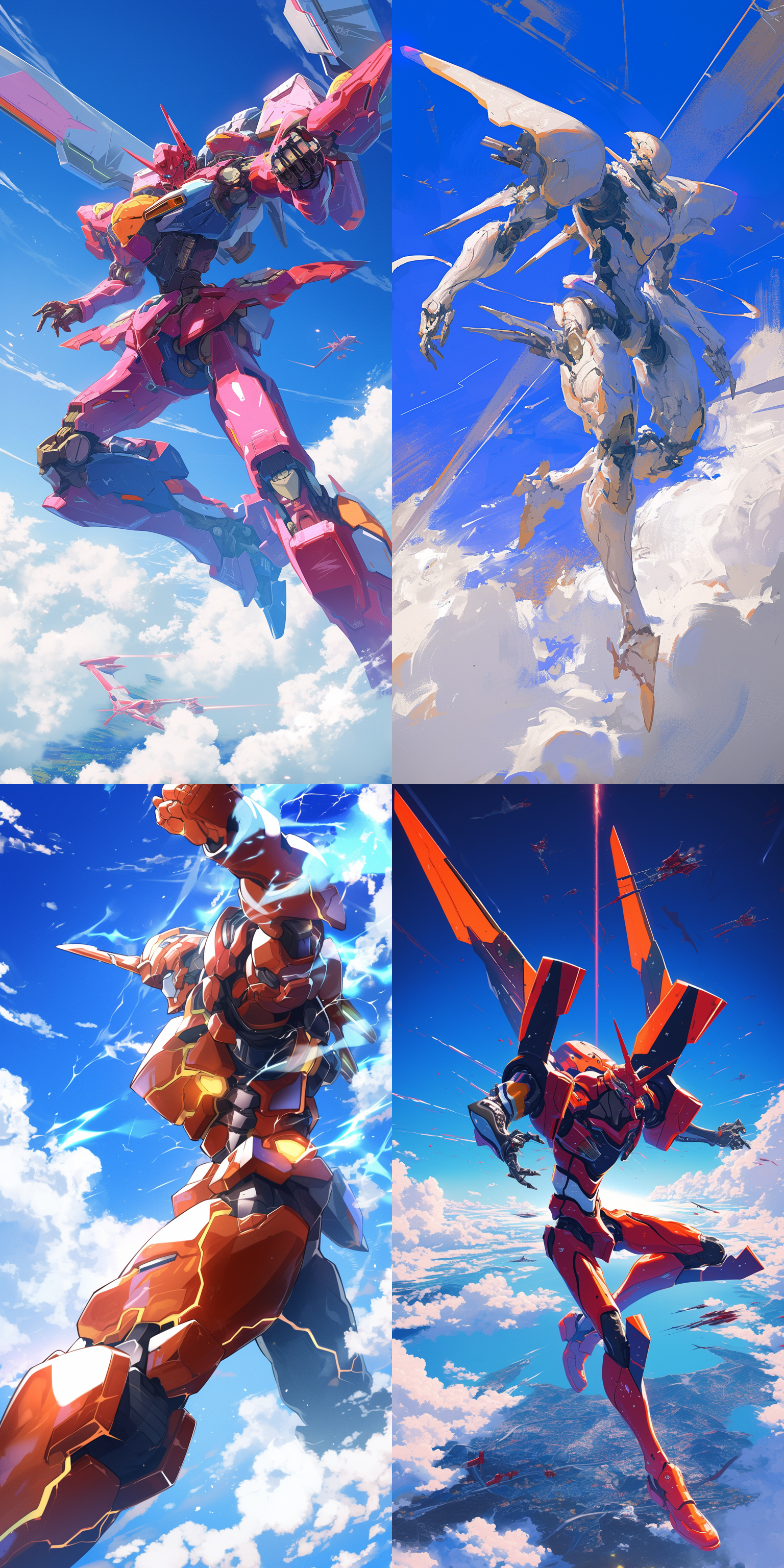 机甲战士，在天空中飞向，做出战斗姿势 全身