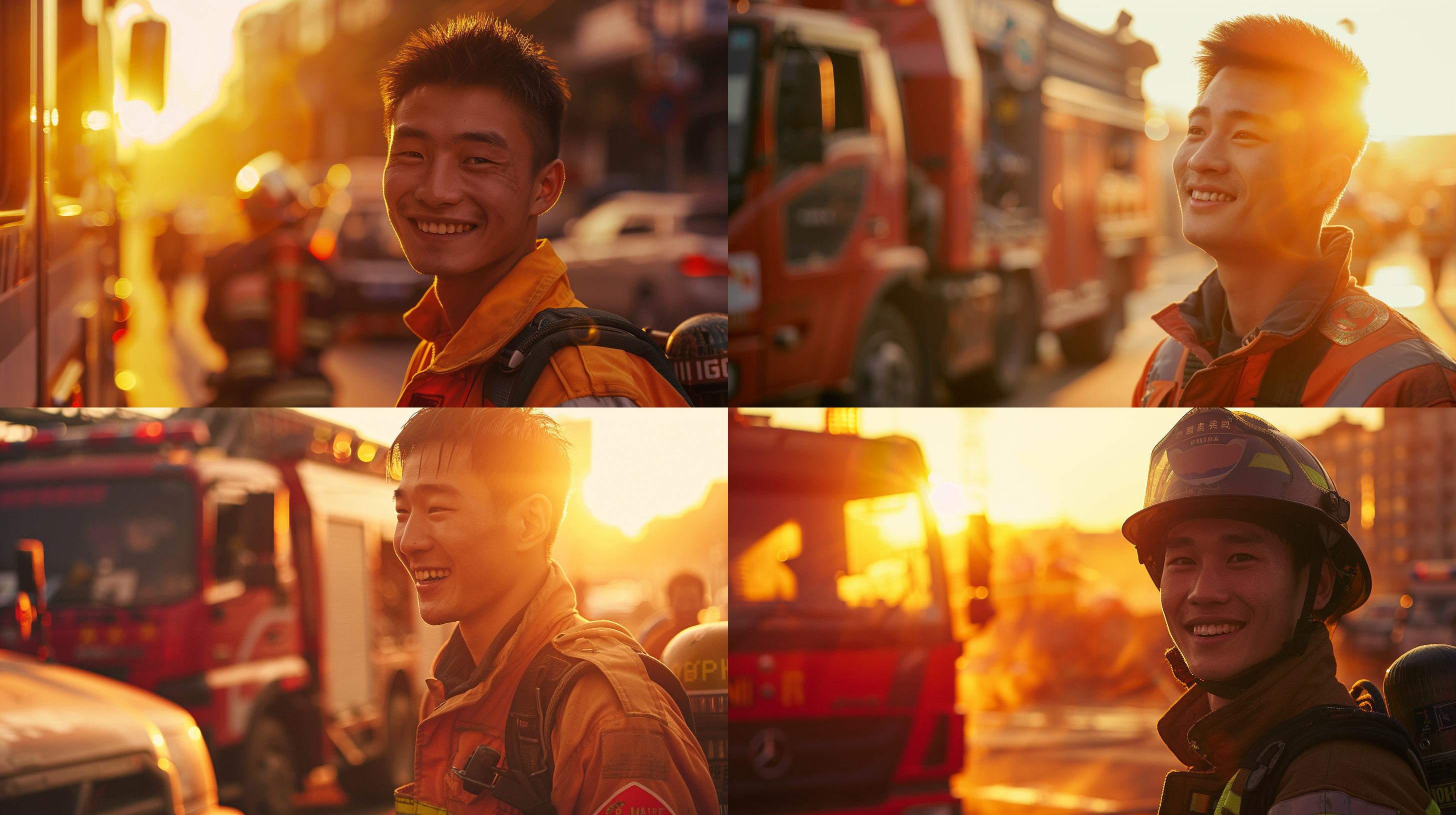 在清明节，中国青年消防员微笑，落日傍晚，消防车城市背景，逆光光影，8k分辨率，人像摄影，肖像风格，暖色调，长焦镜头，肩部特写，自信，汗水