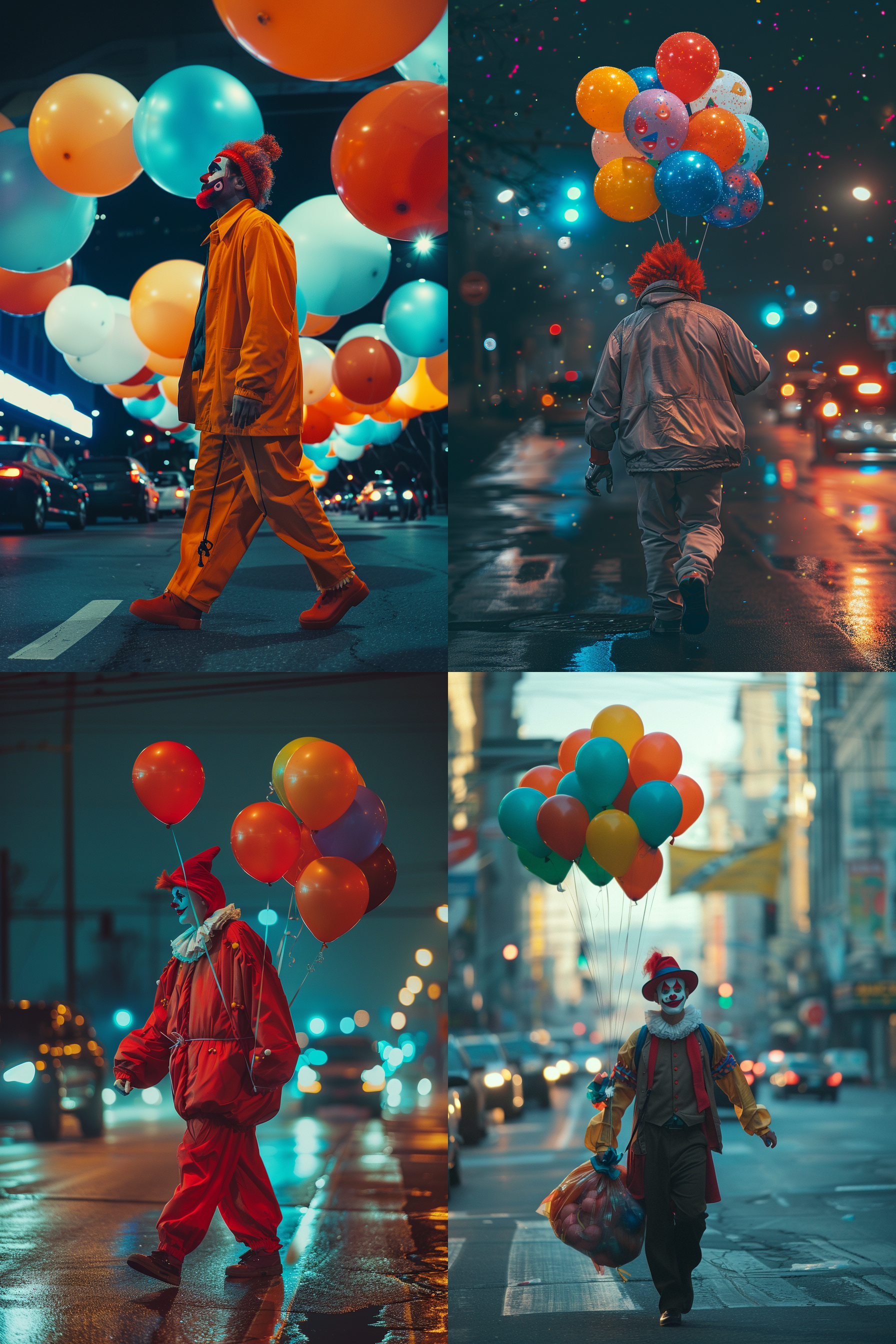 一个帅气的年轻演员小丑，在车水马龙的大马路上行走，手里拿着手持花洒套装，周围有几个五颜六色的气球装饰，整体氛围和谐温馨有情调，侧景，远景，纯黑背景，柔和像素，8k超清 极简主义 摄影纪实 oc渲染器 未来主义 干净背景 卧室 极限特写 虚化 超广角 金属漆 氛围感照明 电影灯光 镜头光晕 斑驳光线 丁达尔效应 暖光 蒂默曼斯 北欧室内 华丽室内 平面摄影 约翰逊