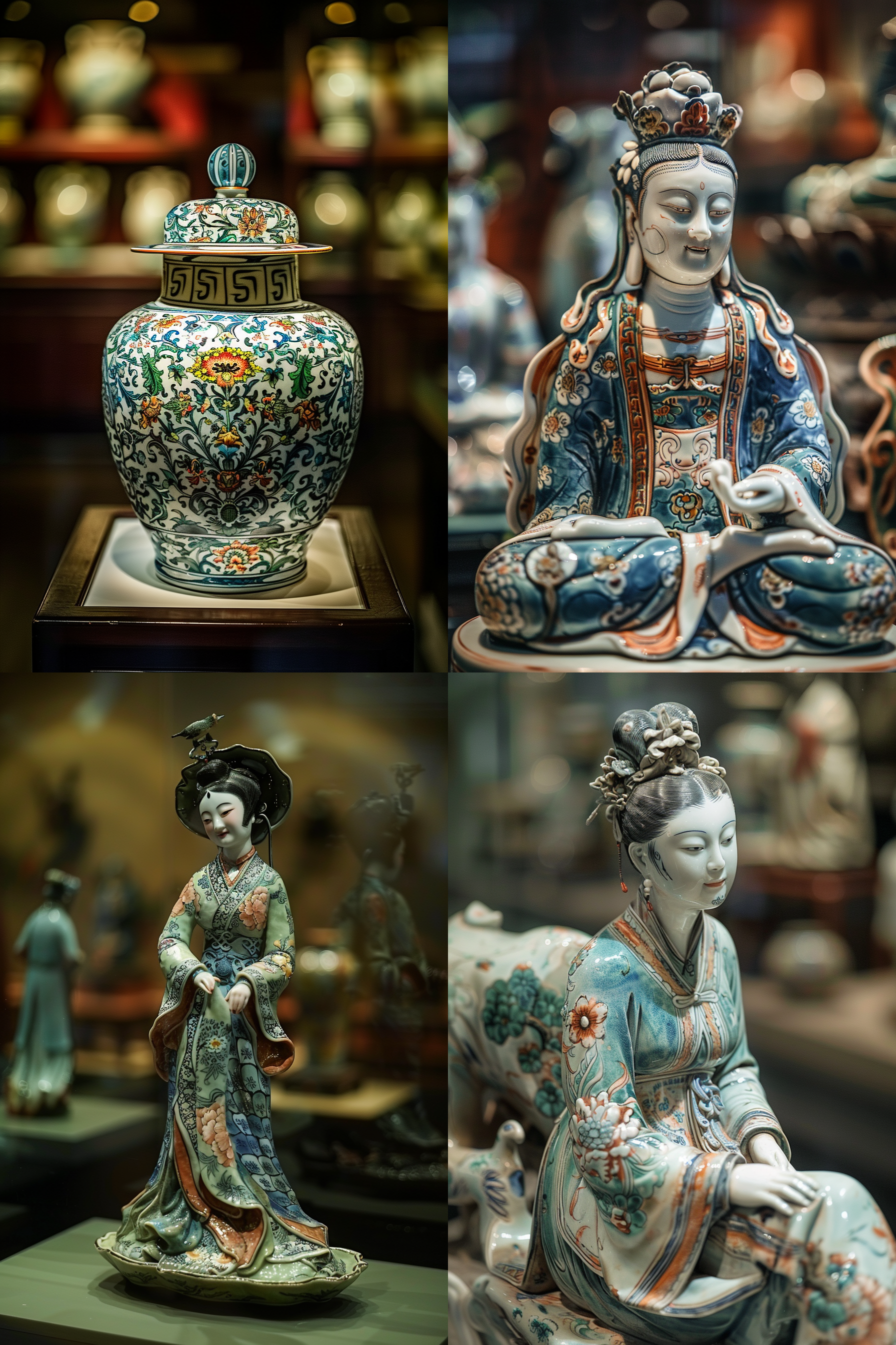 明代斗彩瓷器，展示于博物馆内，精致细节，静态构图，微距镜头，自然光，色彩丰富，细致纹理，古典美感。