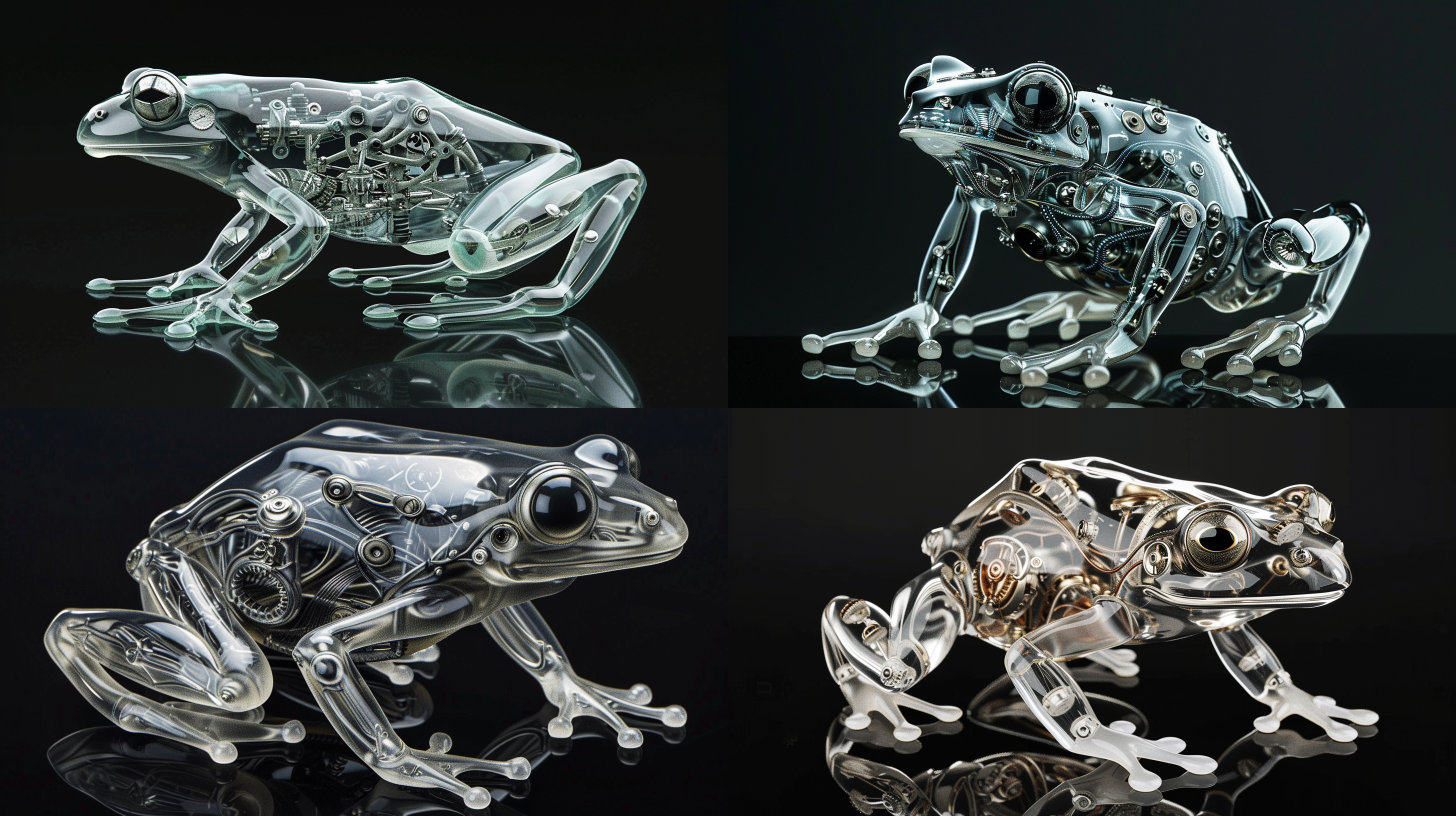 a hyper-realistic digital art piece featuring an ultra-detailed, glossy tree frog with crystal-clear, translucent glass skin and extremely intricate, highly precise mechanical parts made of silver-colored titanium alloy, in a human-like standing pose, viewed from a 45-degree angle. the mechanical structures should display extreme precision and complexity, with an abundance of fine details and elements, showcasing the advanced engineering within the frog’s design. one of the frog’s eyes is open, and the other is closed, adding depth to its expression. set against a pure black background, the frog stands upright on its hind legs, with its front limbs positioned to mimic human posture. the artwork emphasizes the advanced technological aspect with a sharp, clear reflection beneath it, highlighting the intricate mechanical details and the radiant transparency of the glass in a portrait orientation.